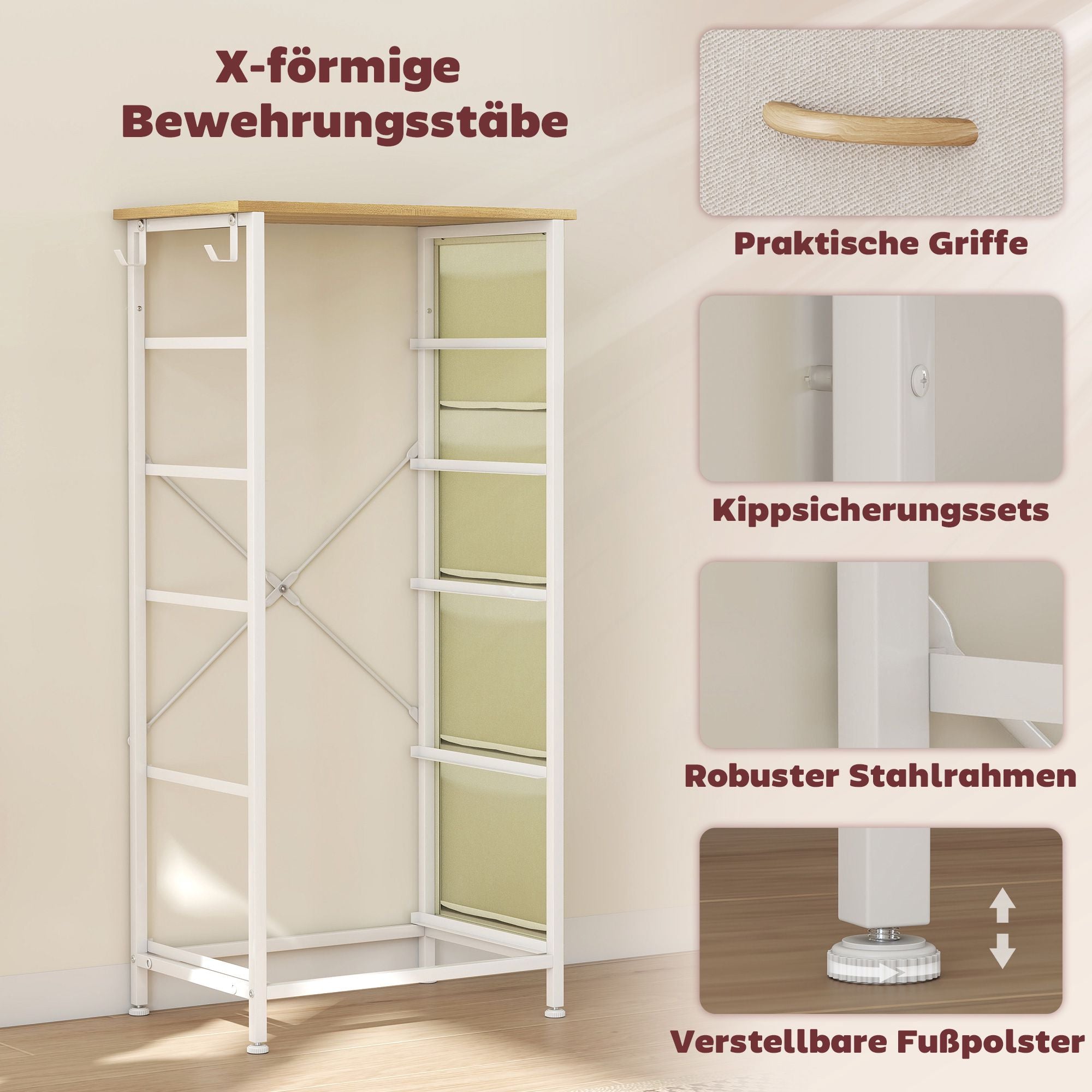 Sovrumsbyrå med 5 tyglådor, stålram, beige