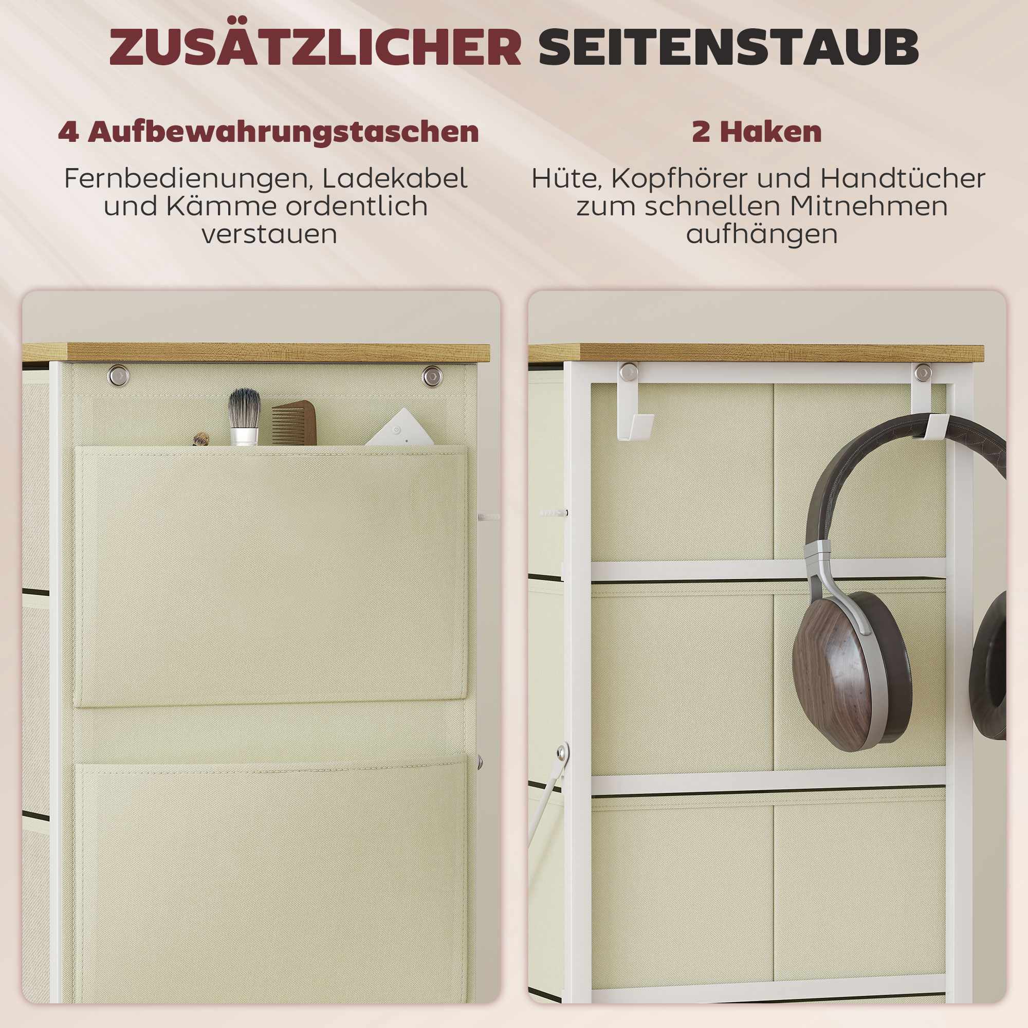 Sovrumsbyrå med 5 tyglådor, stålram, beige