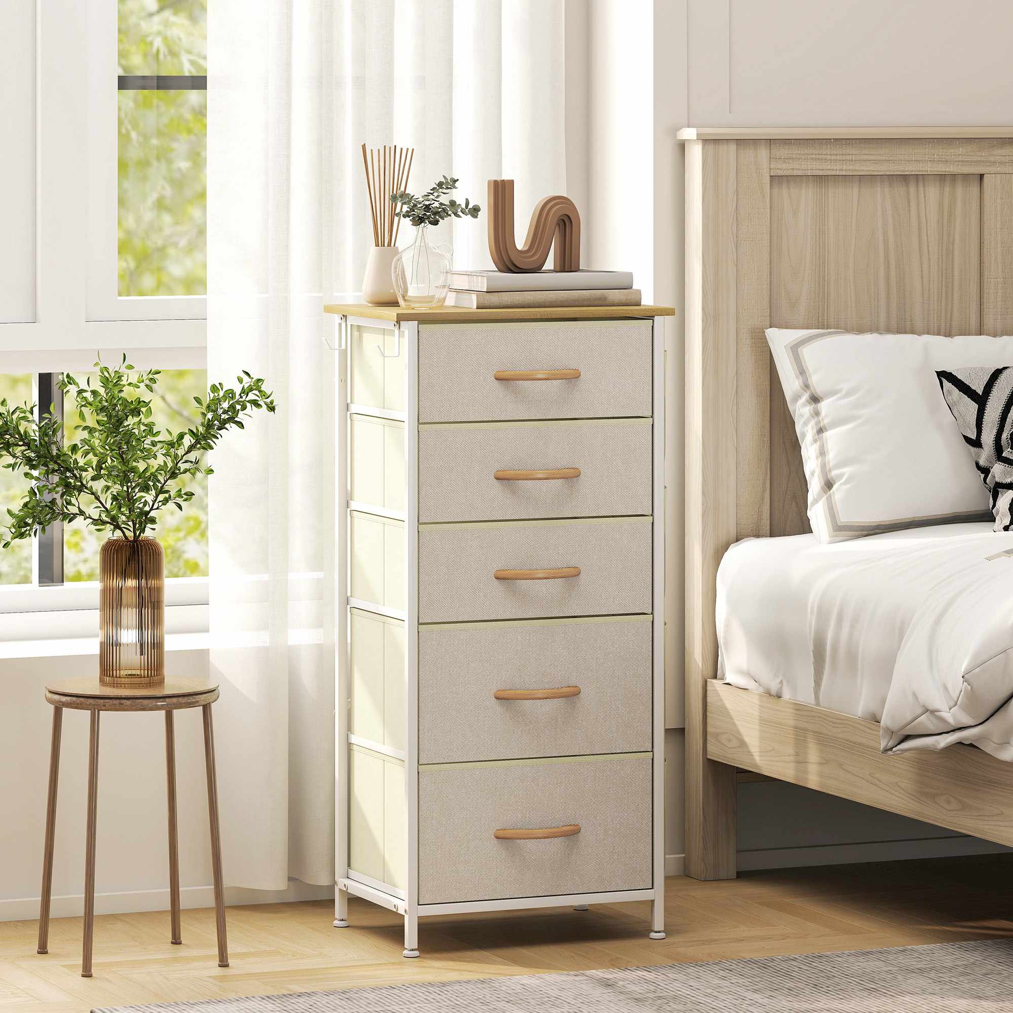 Sovrumsbyrå med 5 tyglådor, stålram, beige
