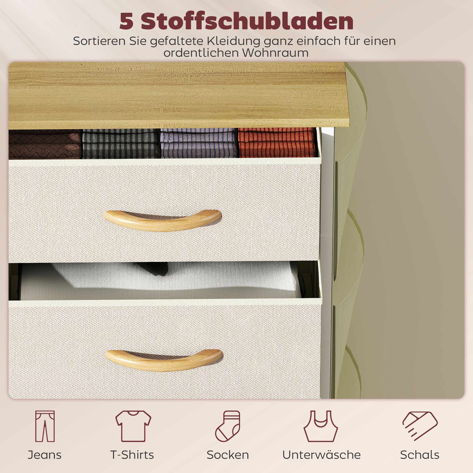 Sovrumsbyrå med 5 tyglådor, stålram, beige
