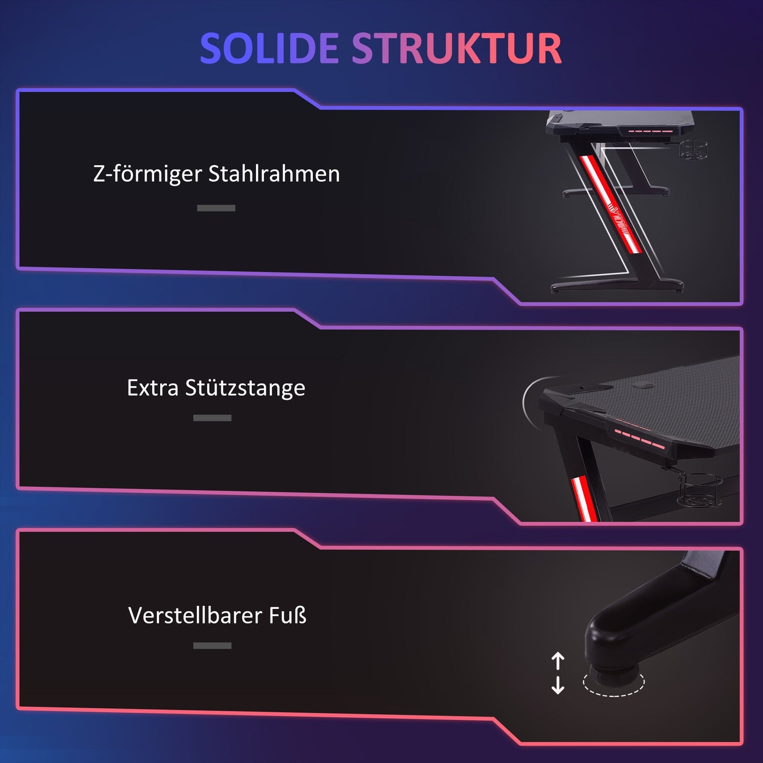 Spelbord med LED, Mugghållare & Hörlurskrok, Svart