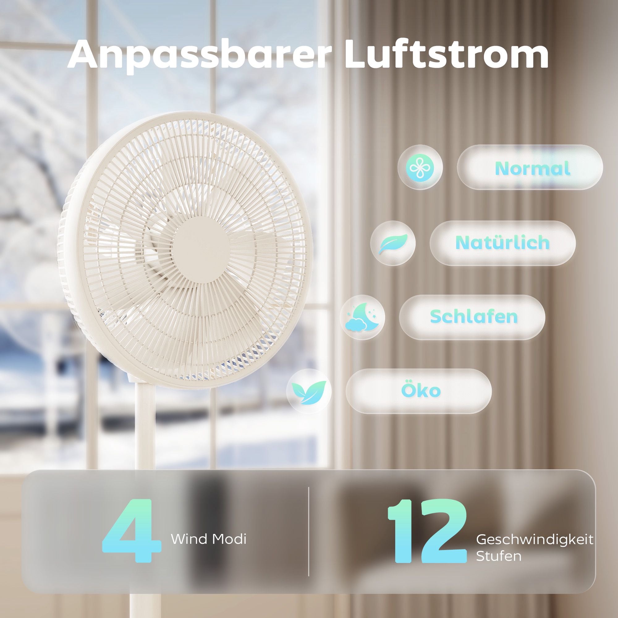 Stativfläkt med fjärrkontroll, 12 hastigheter, justerbar höjd, vit
