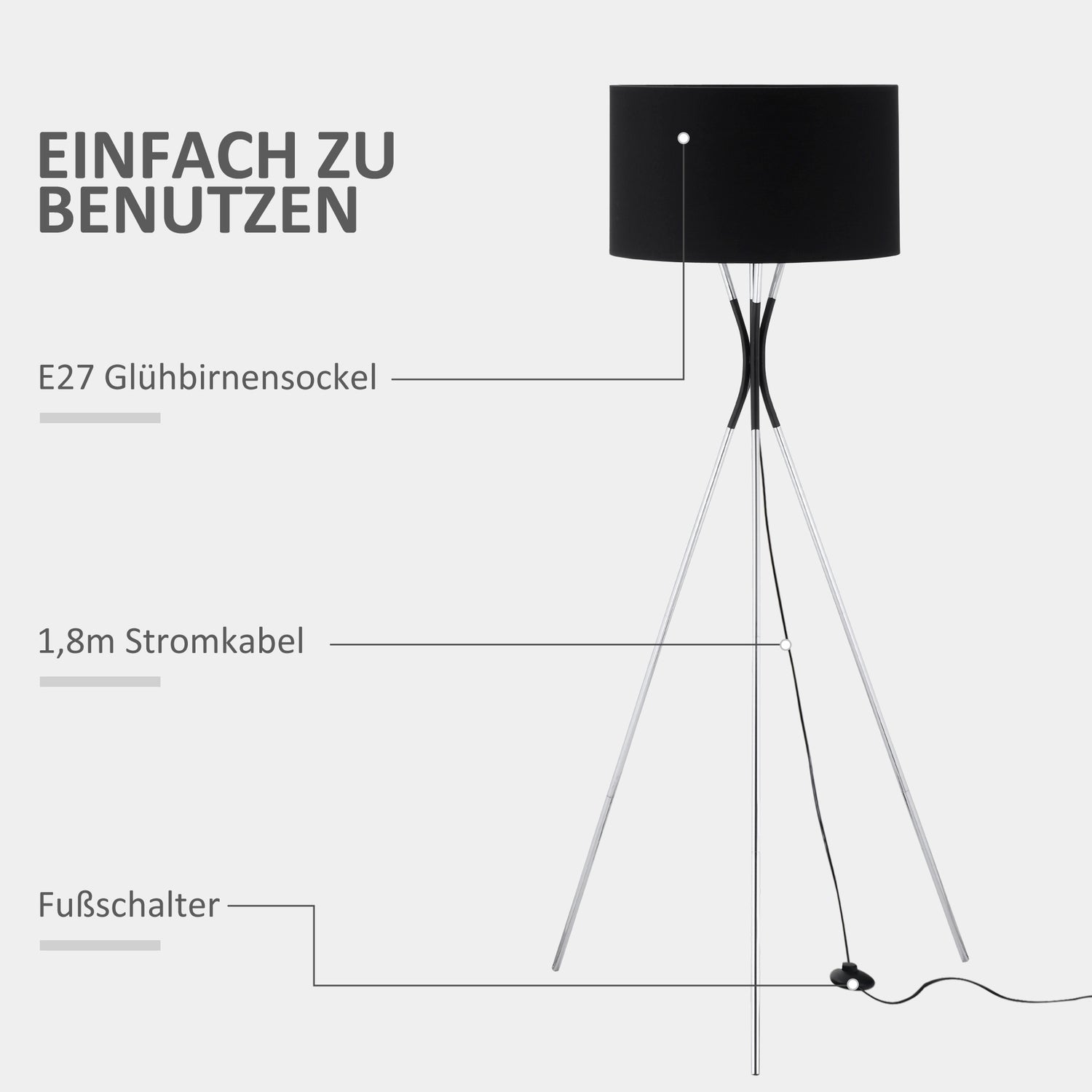 Stativ golvlampa, elegant 40W, tygskärm, metallfot