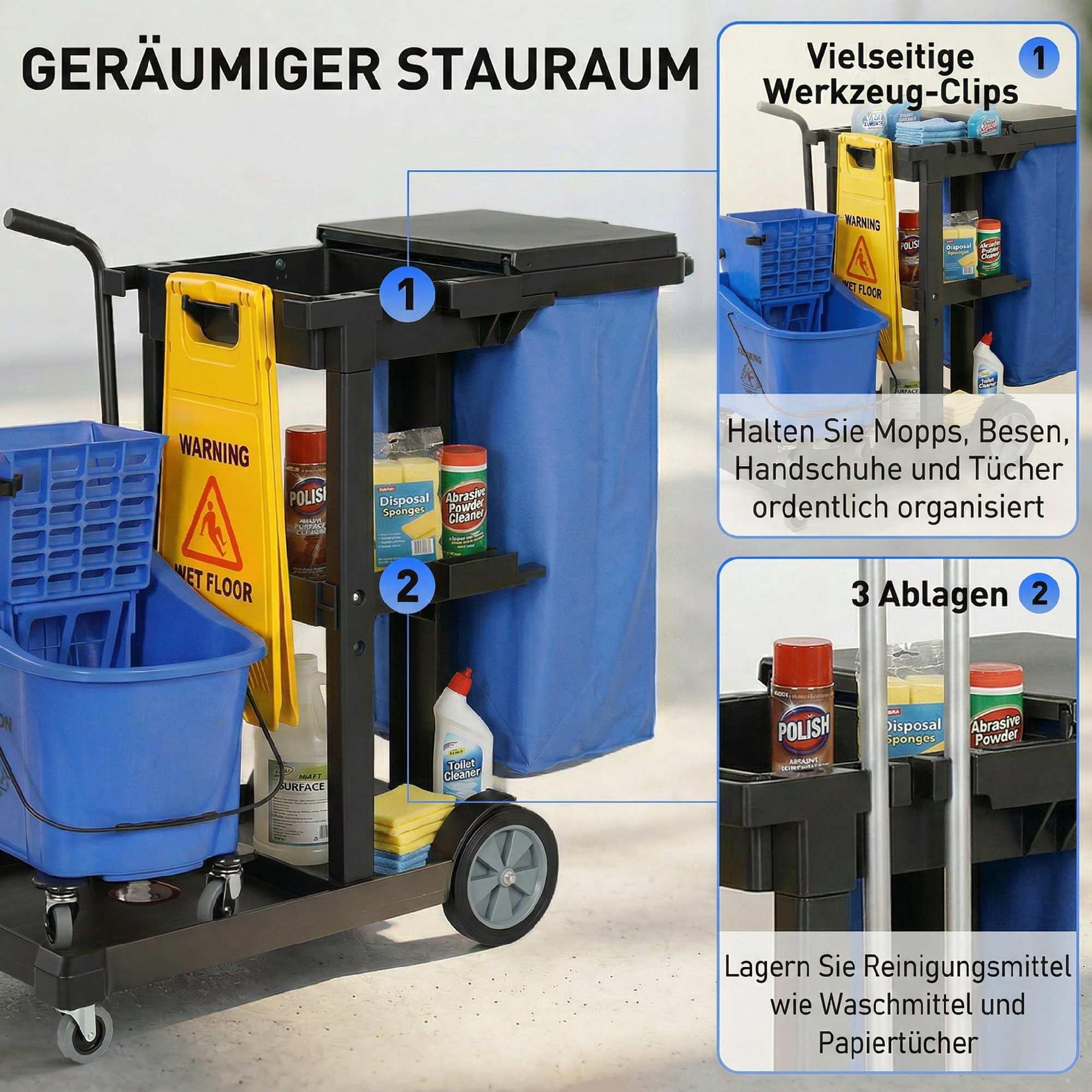 Städvagn med 3 hyllor, 70 liters påse, mopphink, blå