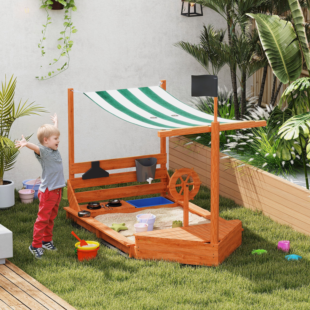 Grand bac à sable en bois avec couvercle et cuisine de jeu