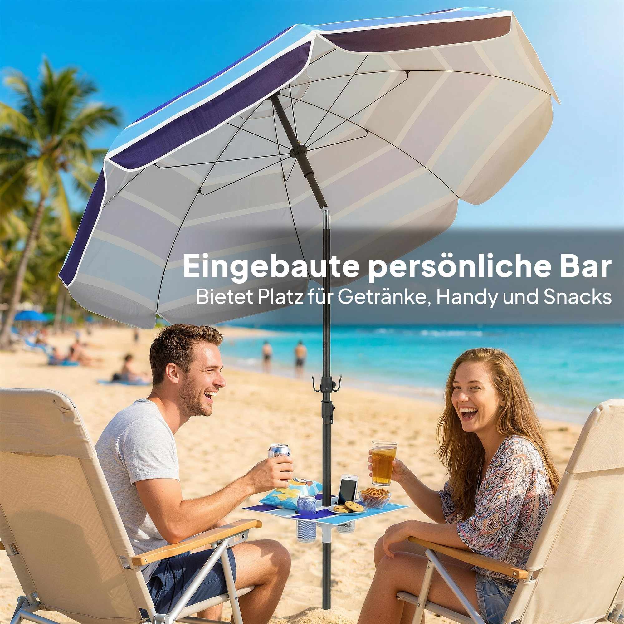 Strandparasoll med bord, UV30+, justerbar lutning