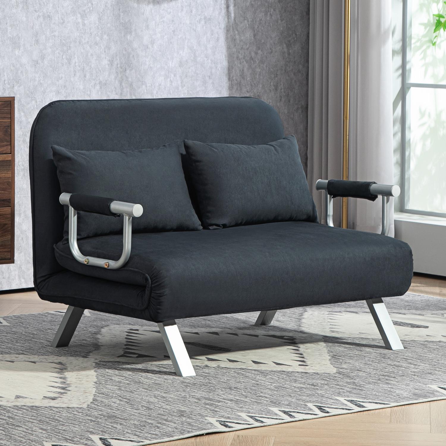 Svart 2-sits bäddsoffa, justerbart ryggstöd, sammetsfinish