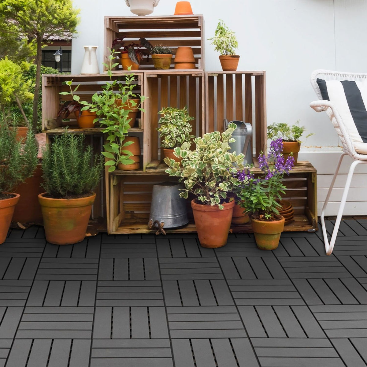 Dalles clipsables en plastique noir pour balcon & terrasse, lot de 9, 30x30 cm