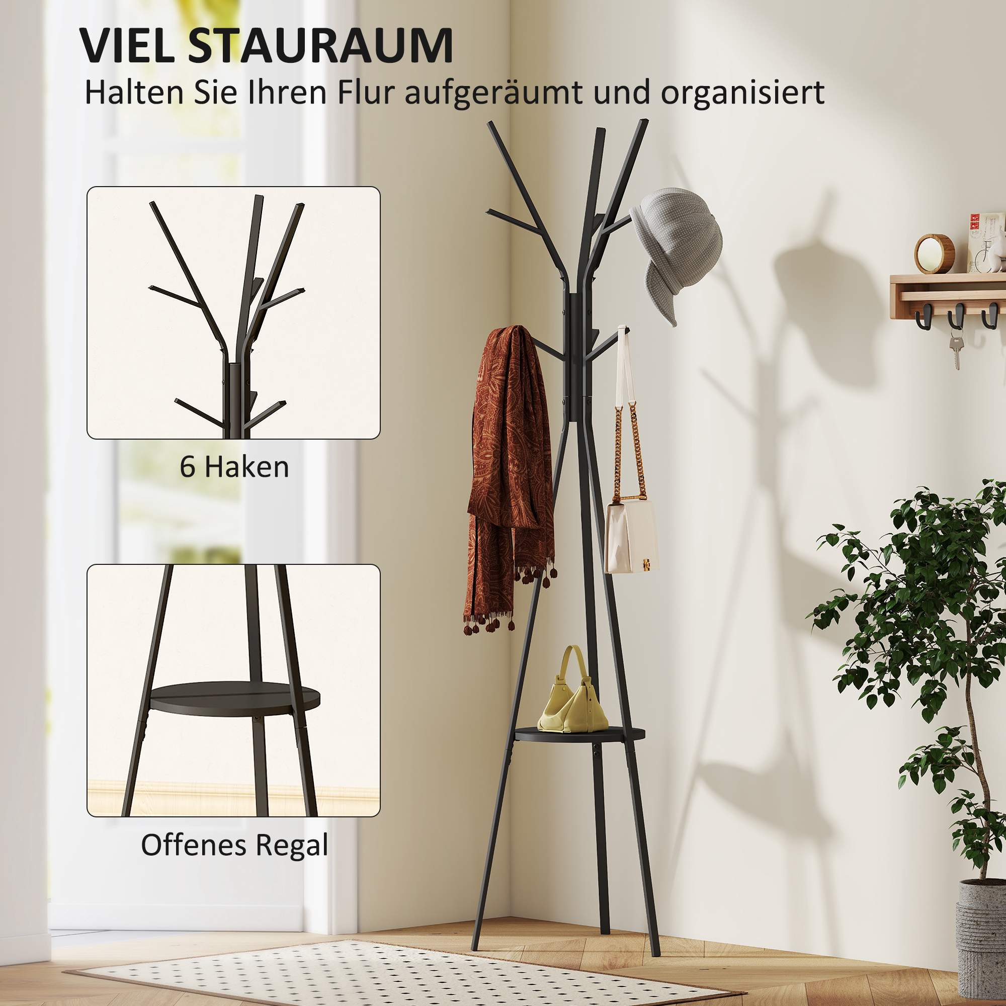 Svart klädhängare med hyllplan och 8 krokar, modern design