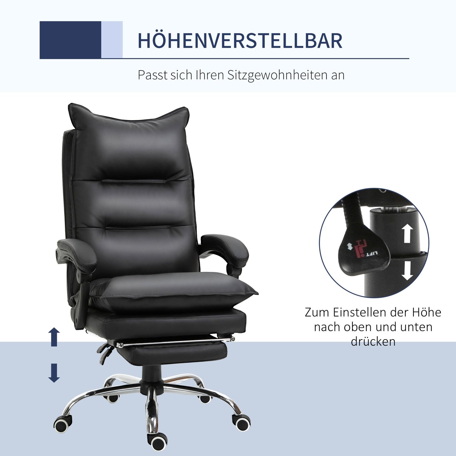 Svart kontorsstol i konstläder med justerbart fotstöd
