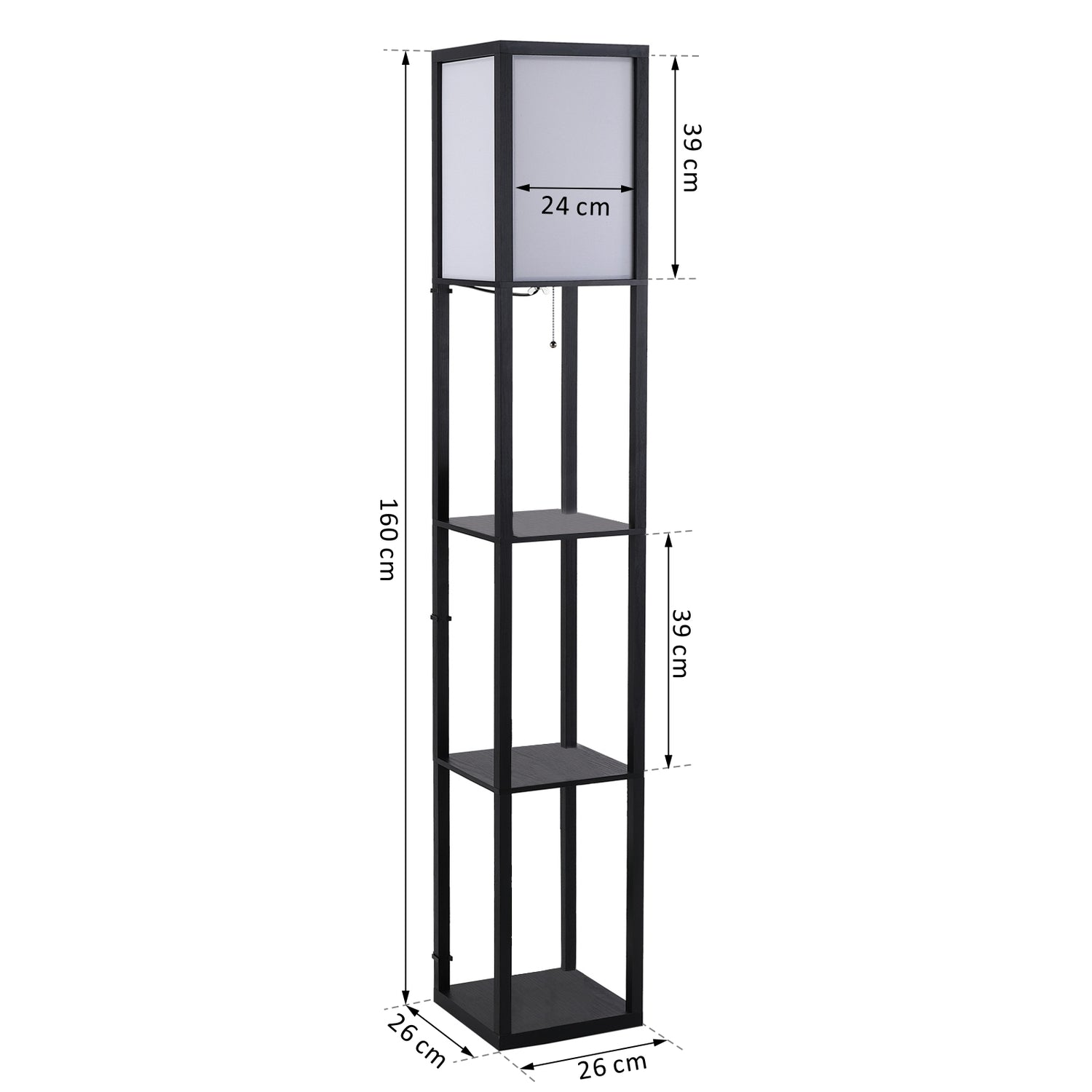 Svart trägolvlampa med hyllor, E27 sockel, 160cm