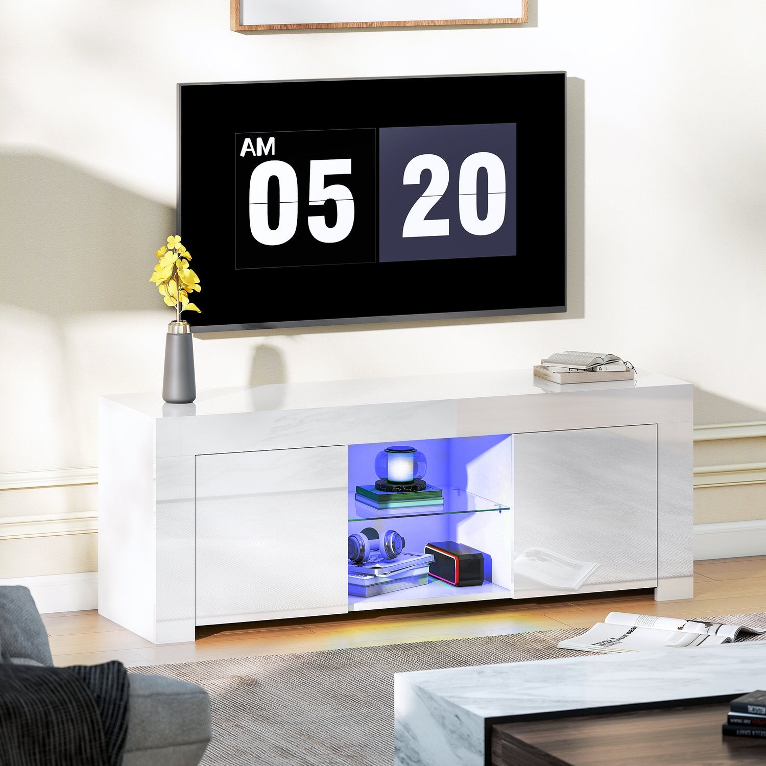 TV-bänk med RGB LED-lampor, blank vit finish