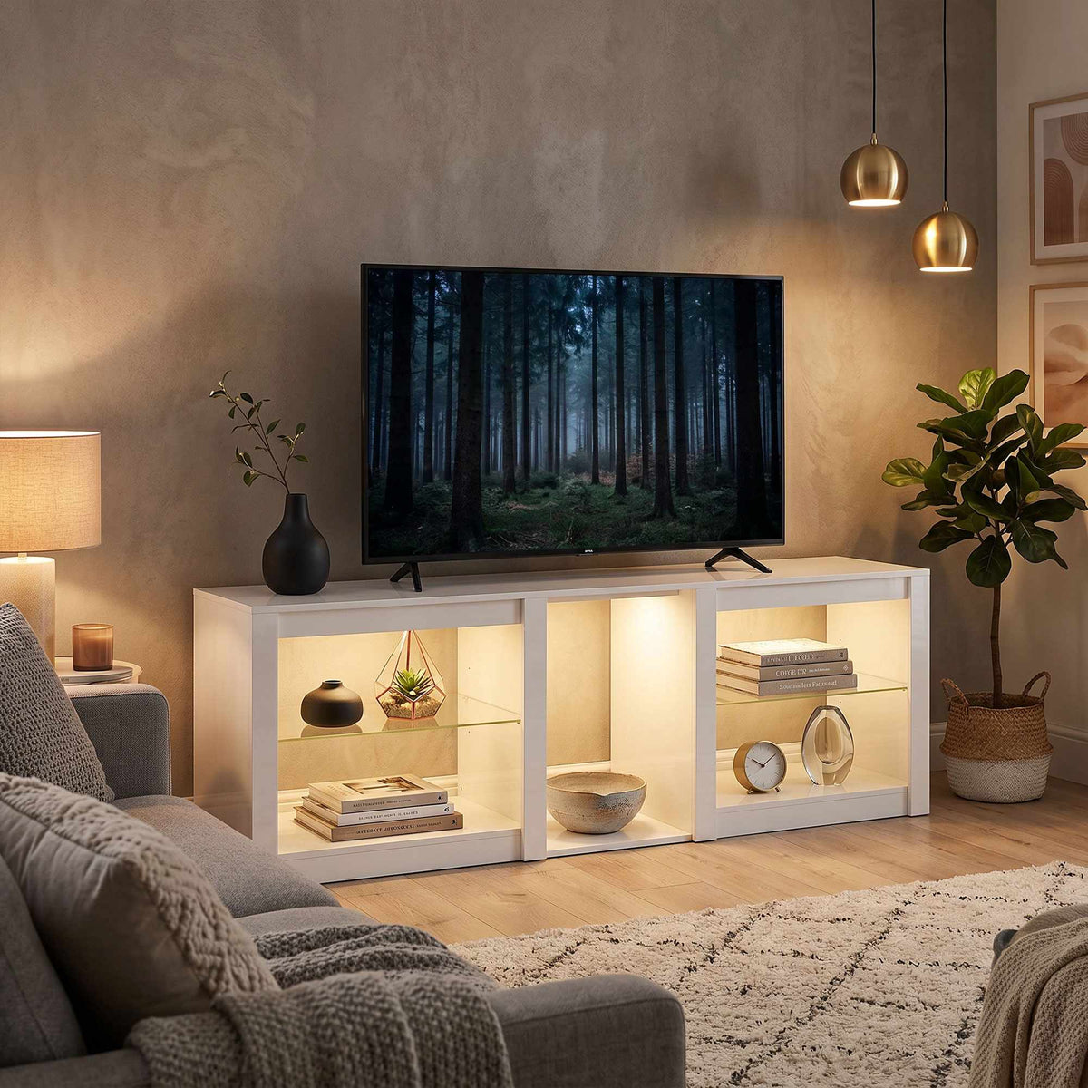 TV-bänk med RGB LED-lampor, högblank vit, 160 cm