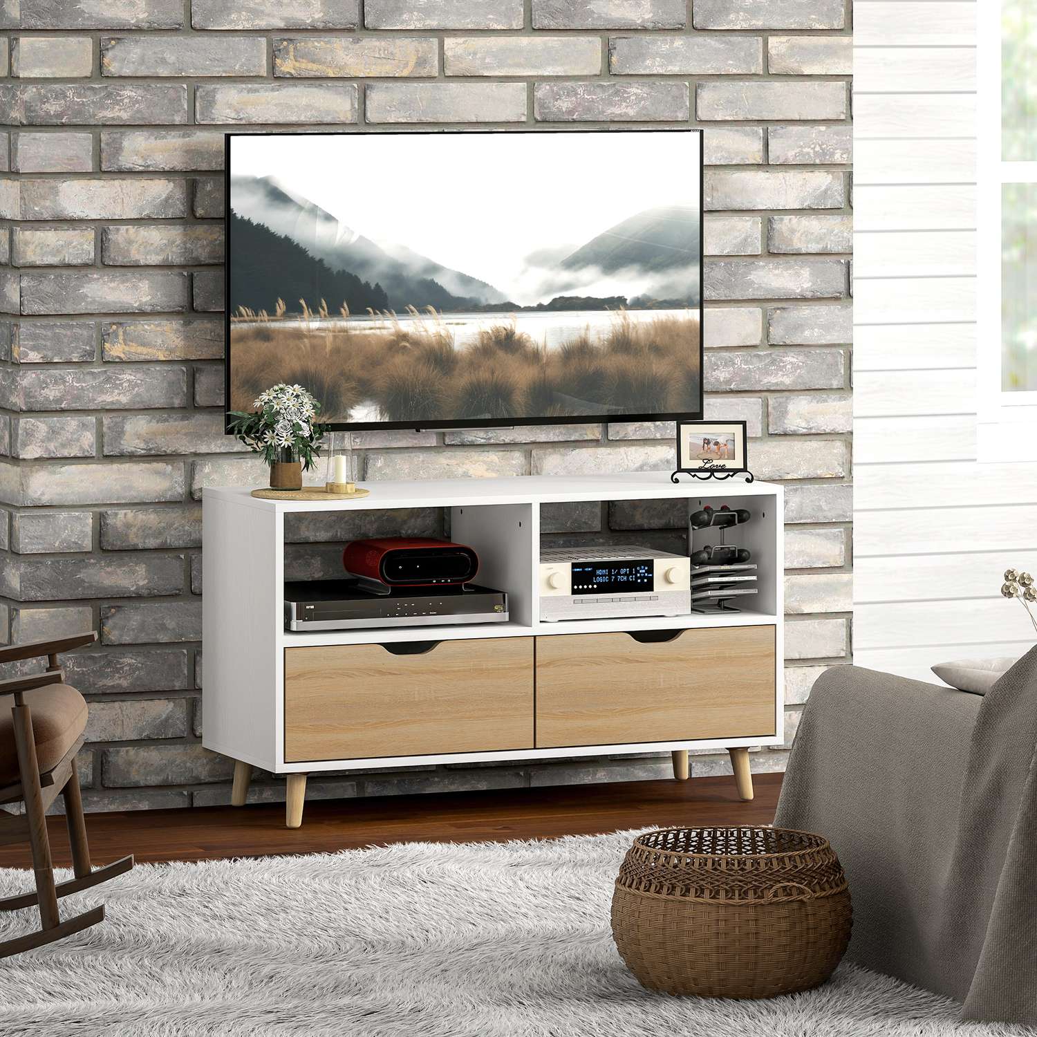TV-skåp Lowboard, 99 cm, 2 hyllplan & Låda, Vit