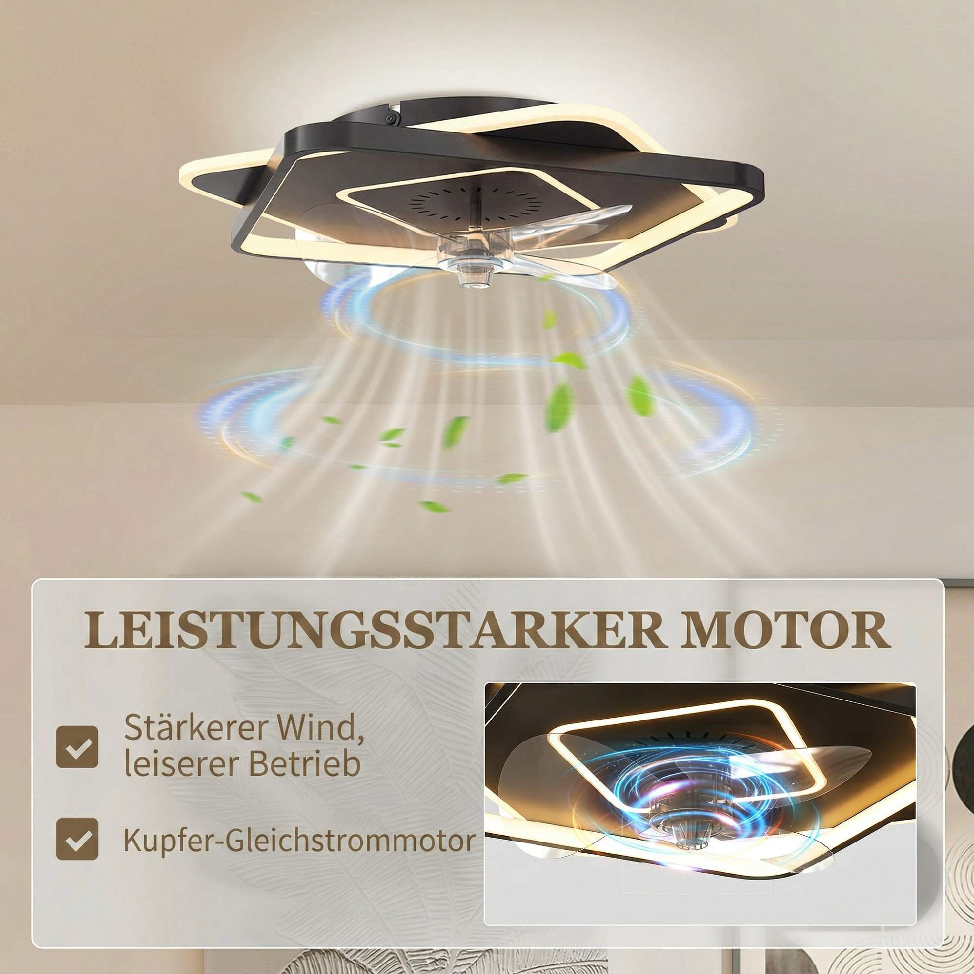 Takfläkt med belysning, fjärrkontroll, 6 hastigheter, 3 färger