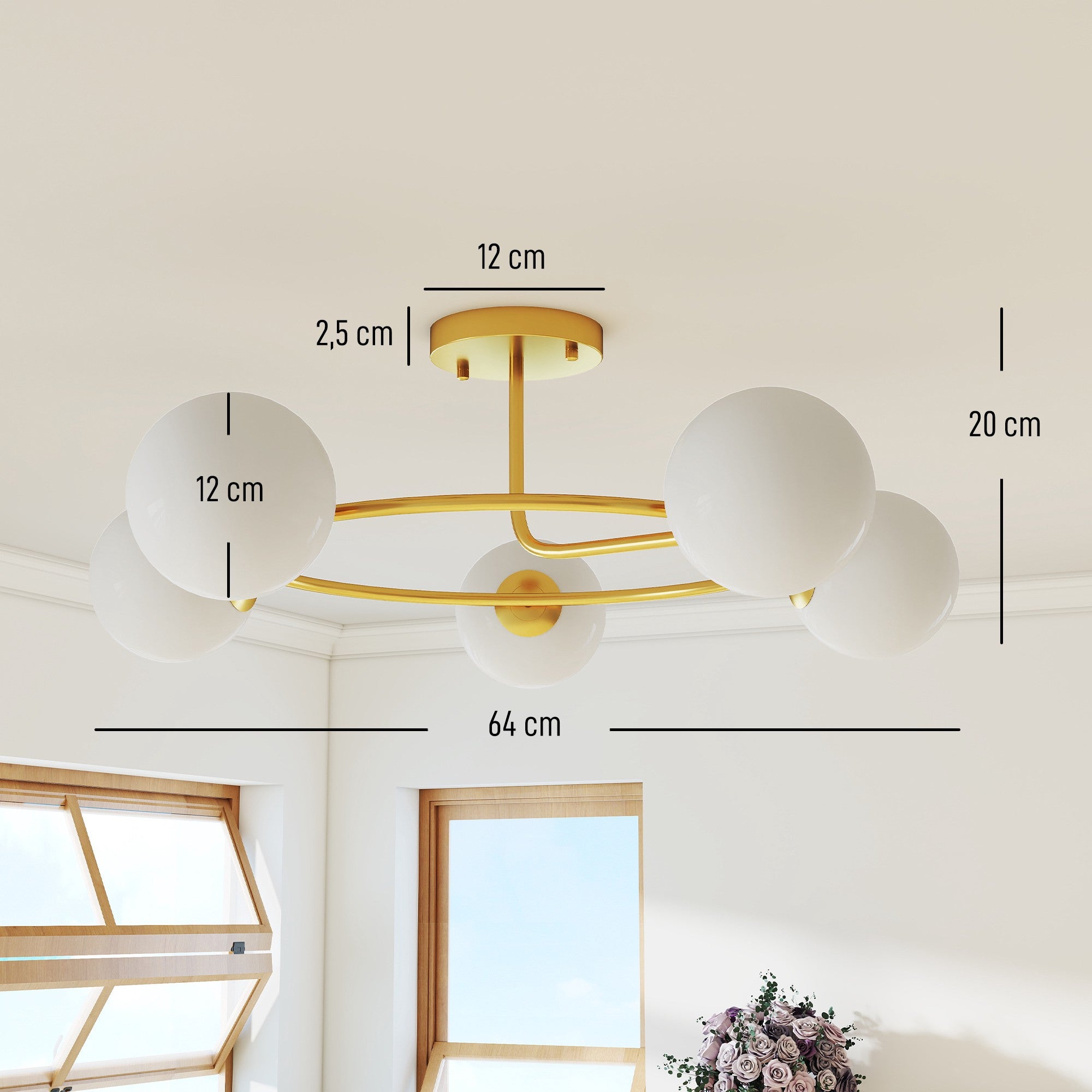 Taklampa, 5x G9-sockel, guldvit, 64 cm
