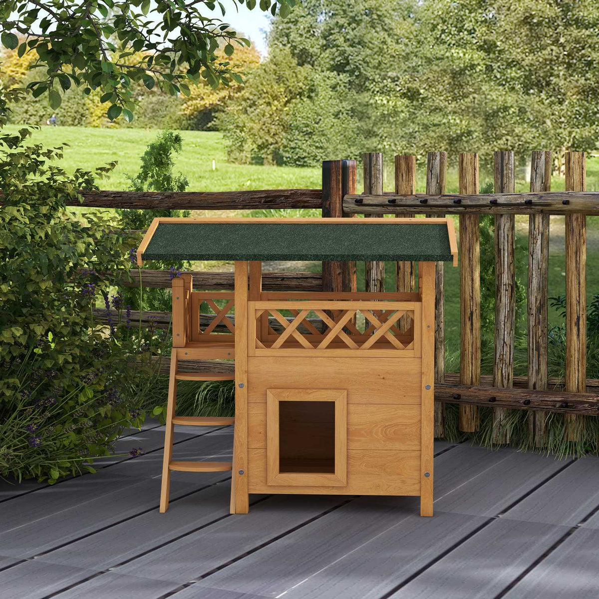 Holz 2-stöckiges Katzenhaus mit Balkon und Bitumendach