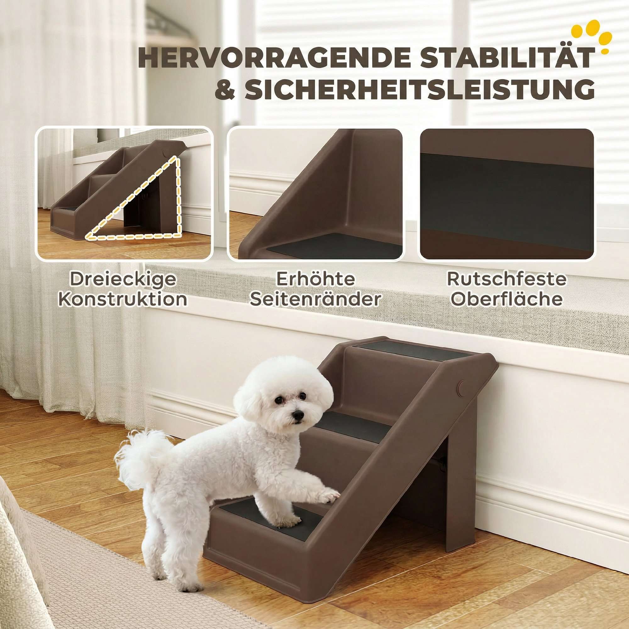 Trappa för husdjur, 3 steg, hopfällbar, 36,5 cm hög, brun