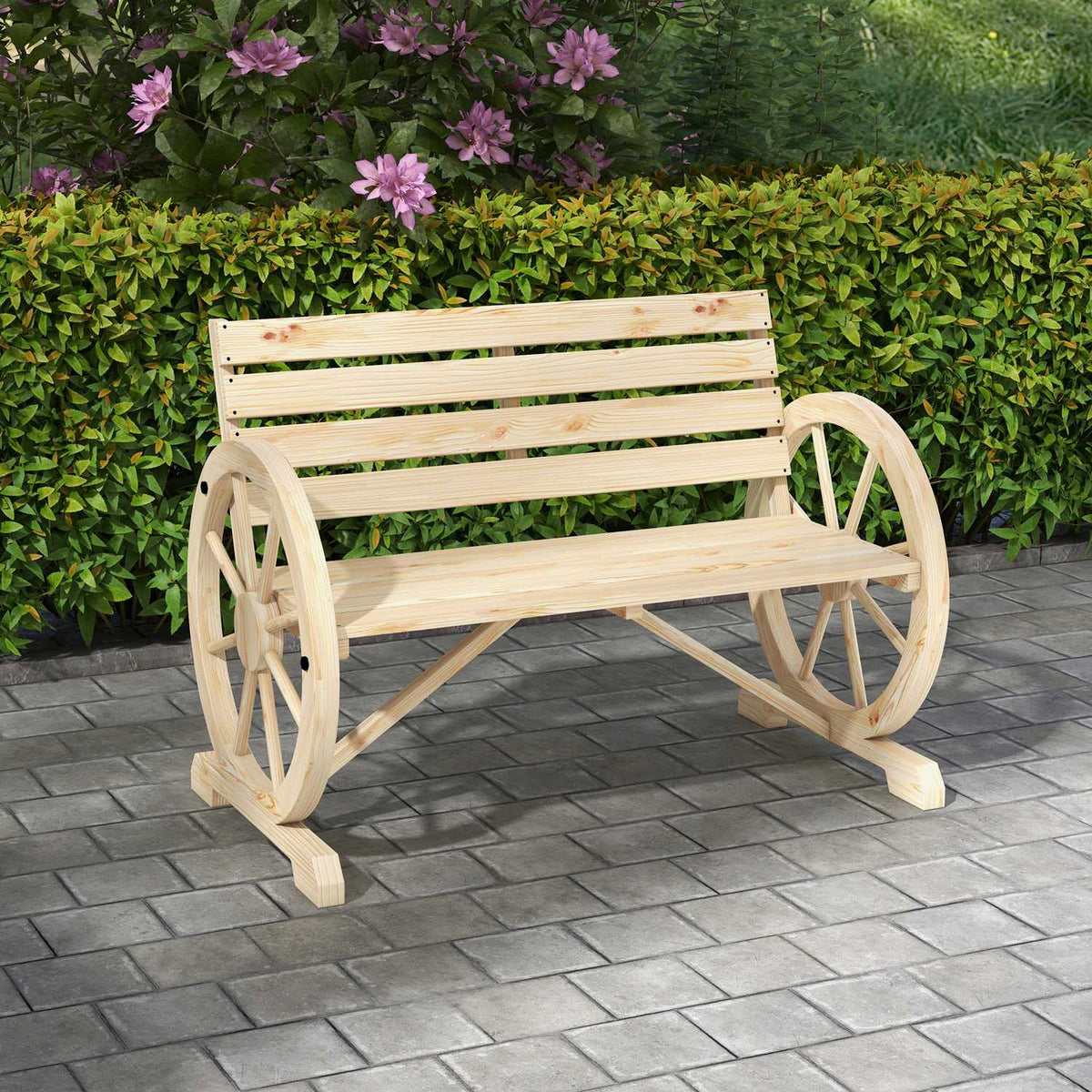 Panca da giardino, 2 posti, design a ruota di carro
