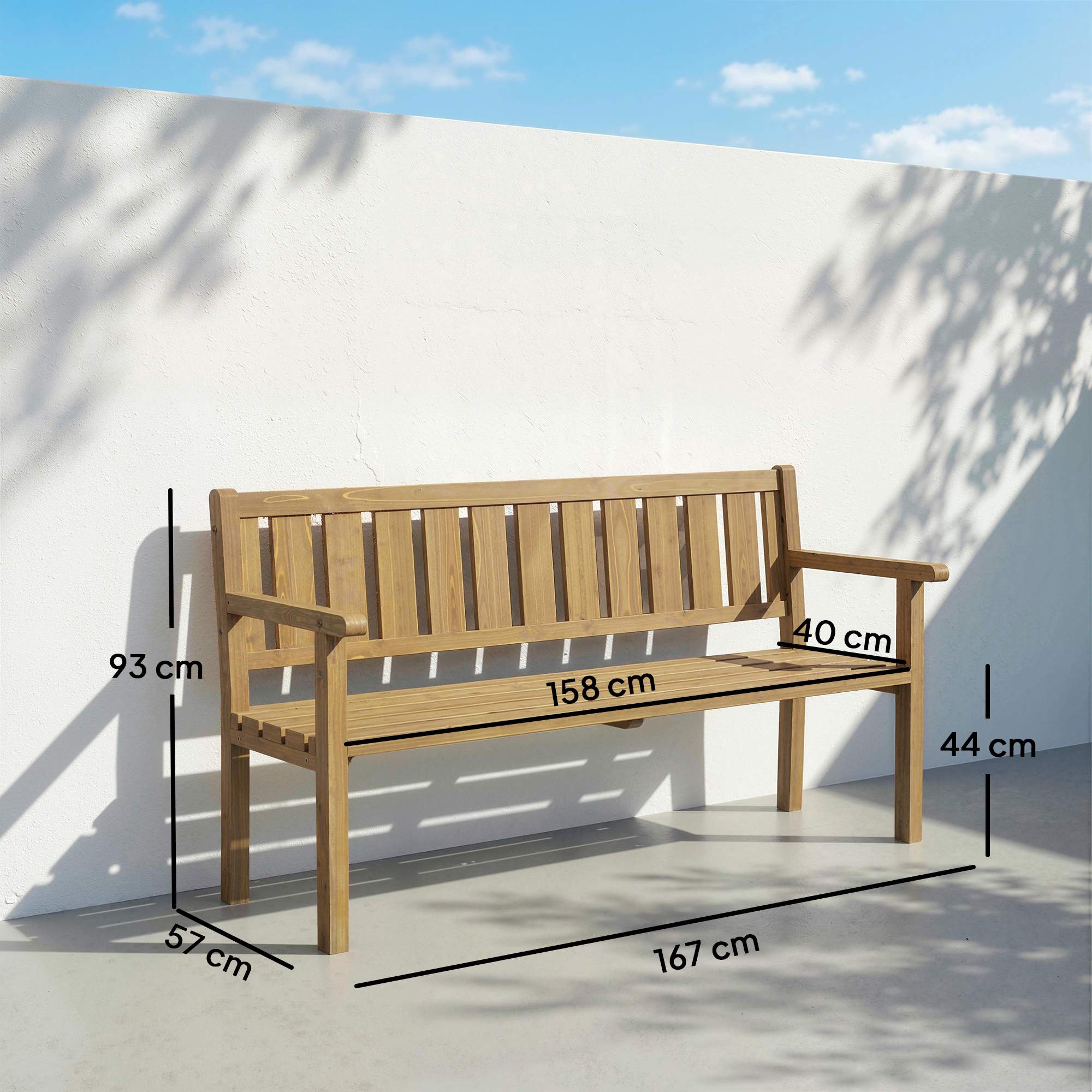 Trädgårdsbänk för utomhusbruk, teakfinish, 3-sits, 360 kg kapacitet