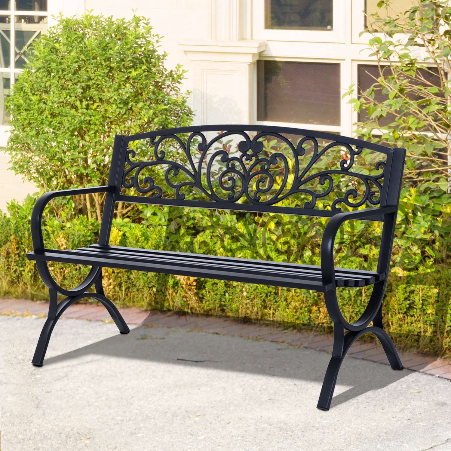 Trädgårdsbänk i metall, 2-sits, svart, 127x60x85 cm
