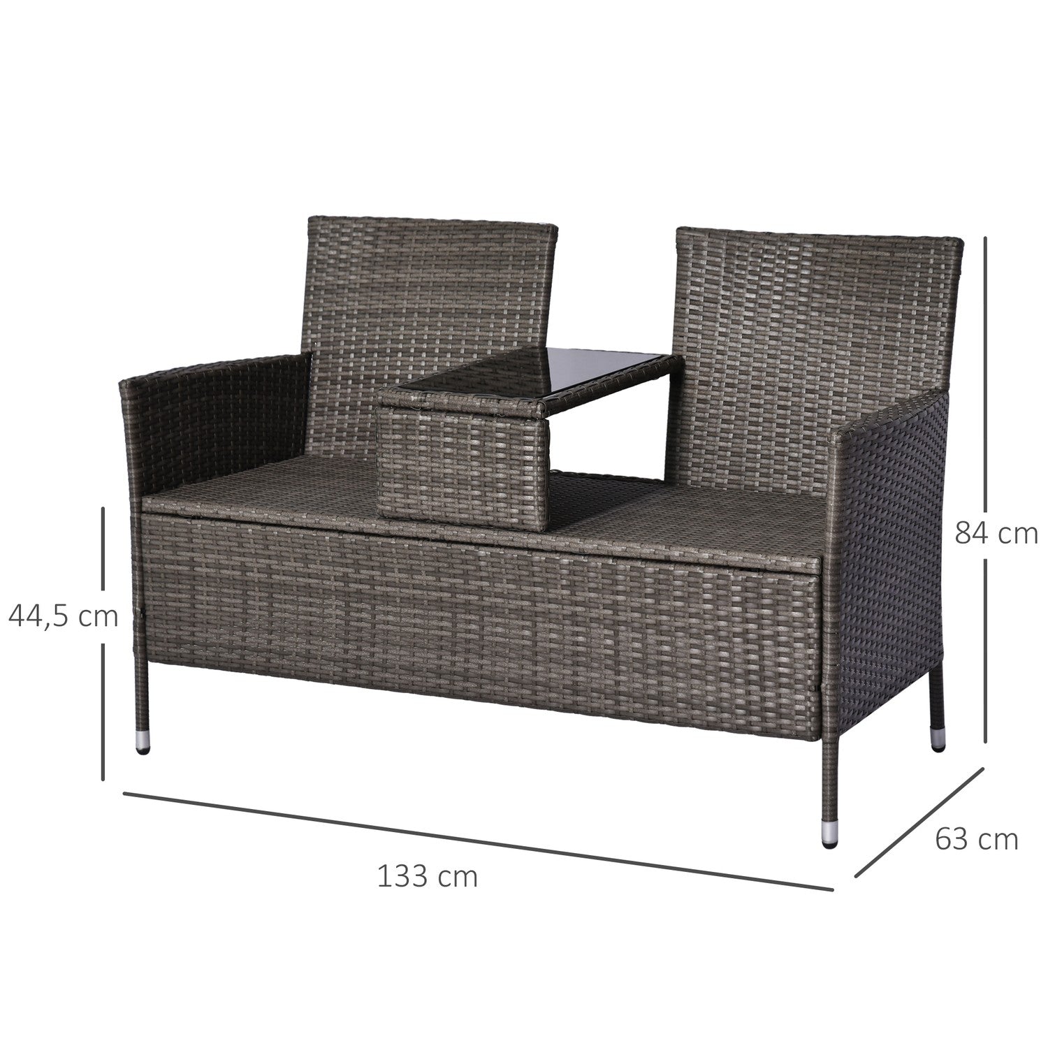 Trädgårdsbänk i polyrattan, 2-sits med bord, grå
