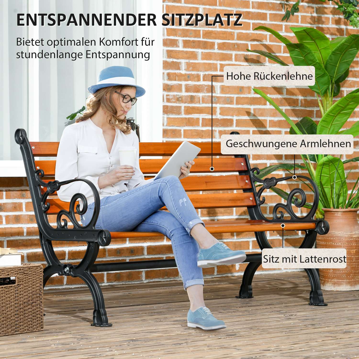 Trädgårdsbänk i teak med armstöd, väderbeständig, 2-sits