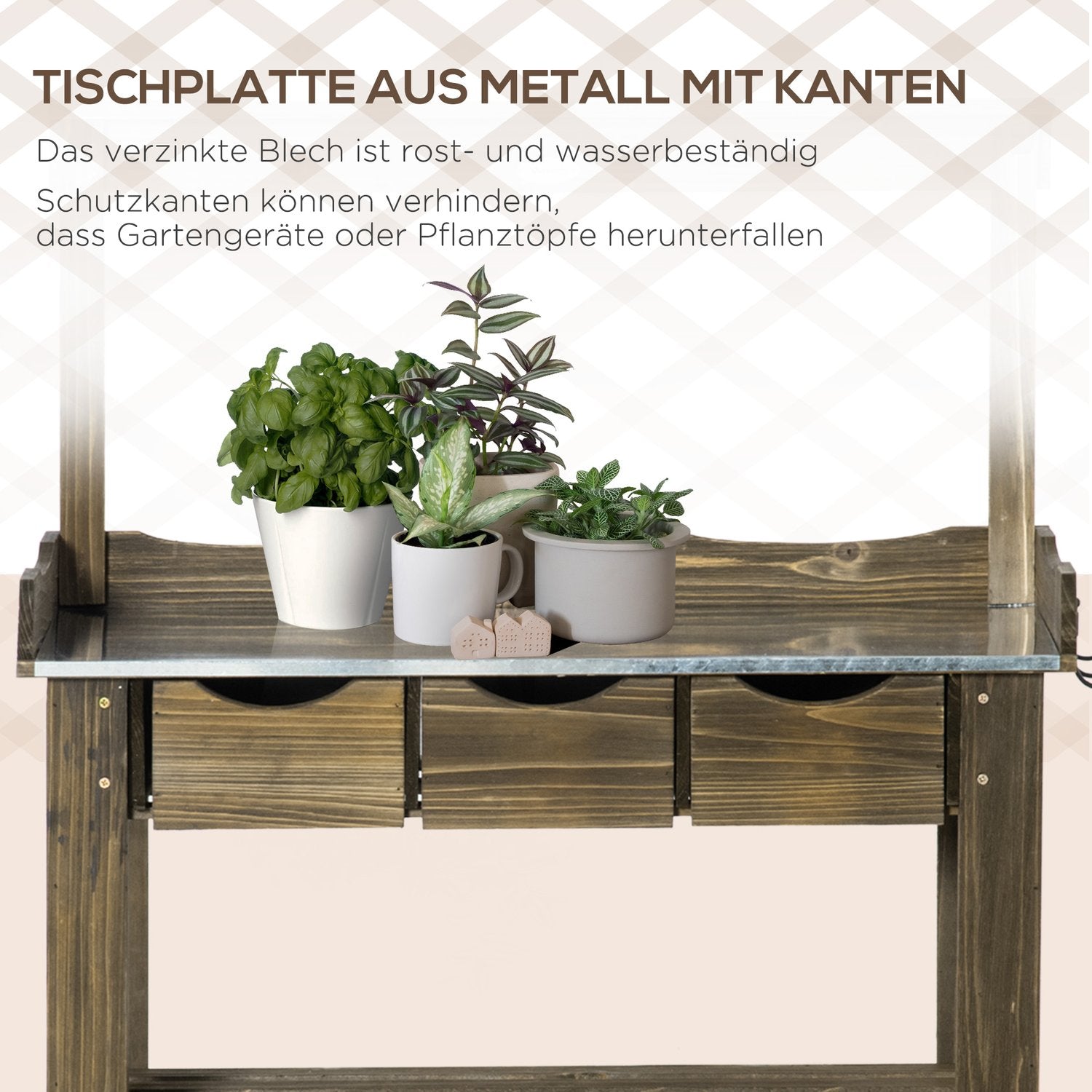 Trädgårdsbord med 3 lådor & krokar, 78x38x112 cm