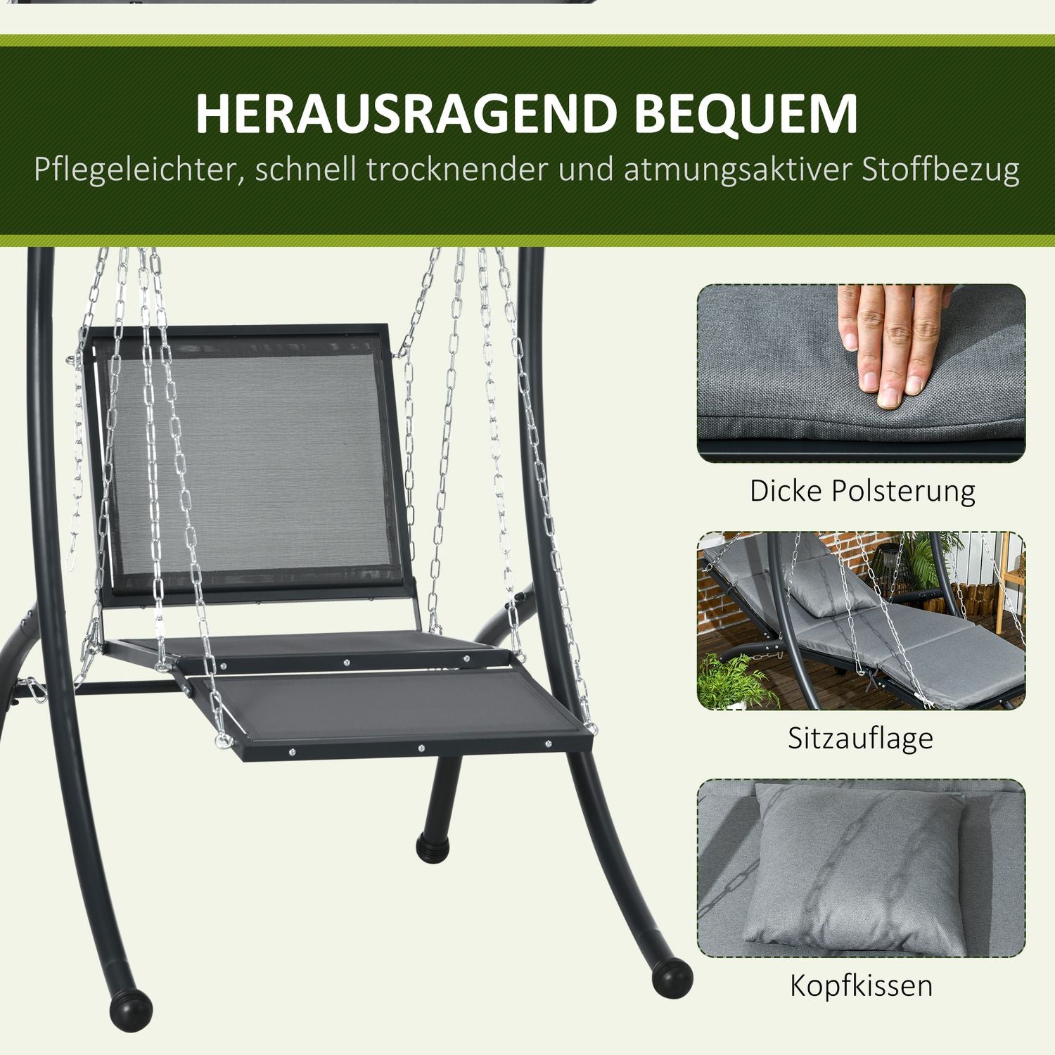 Trädgårdsgunga med kudde och justerbar kapell, mörkgrå