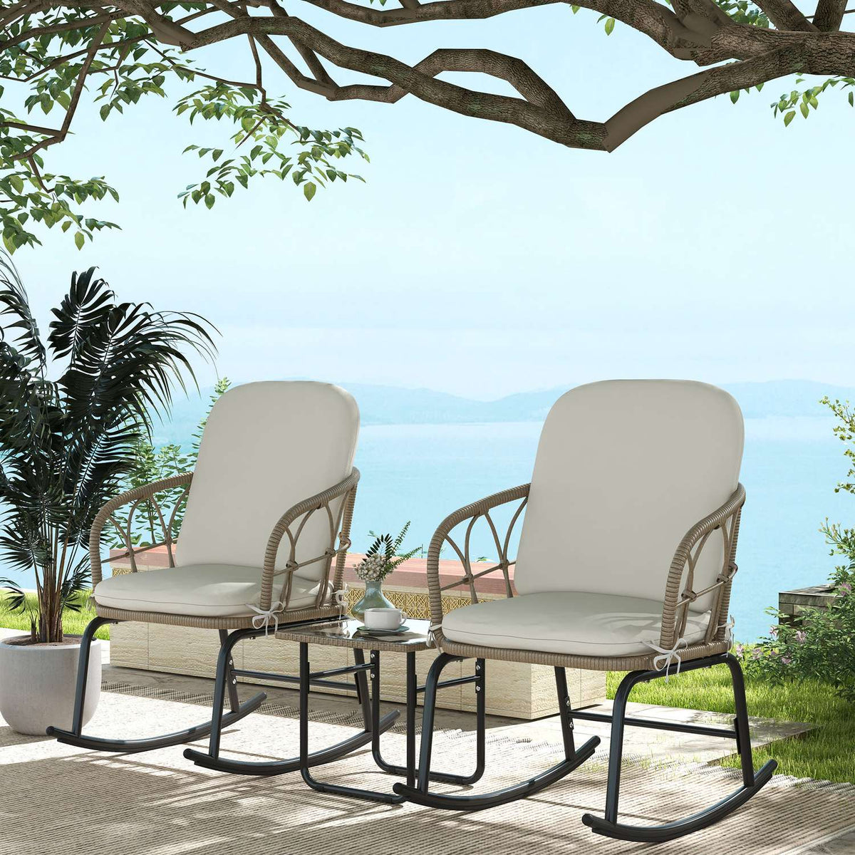 Set de chaises à bascule de jardin avec coussins – 3 pièces