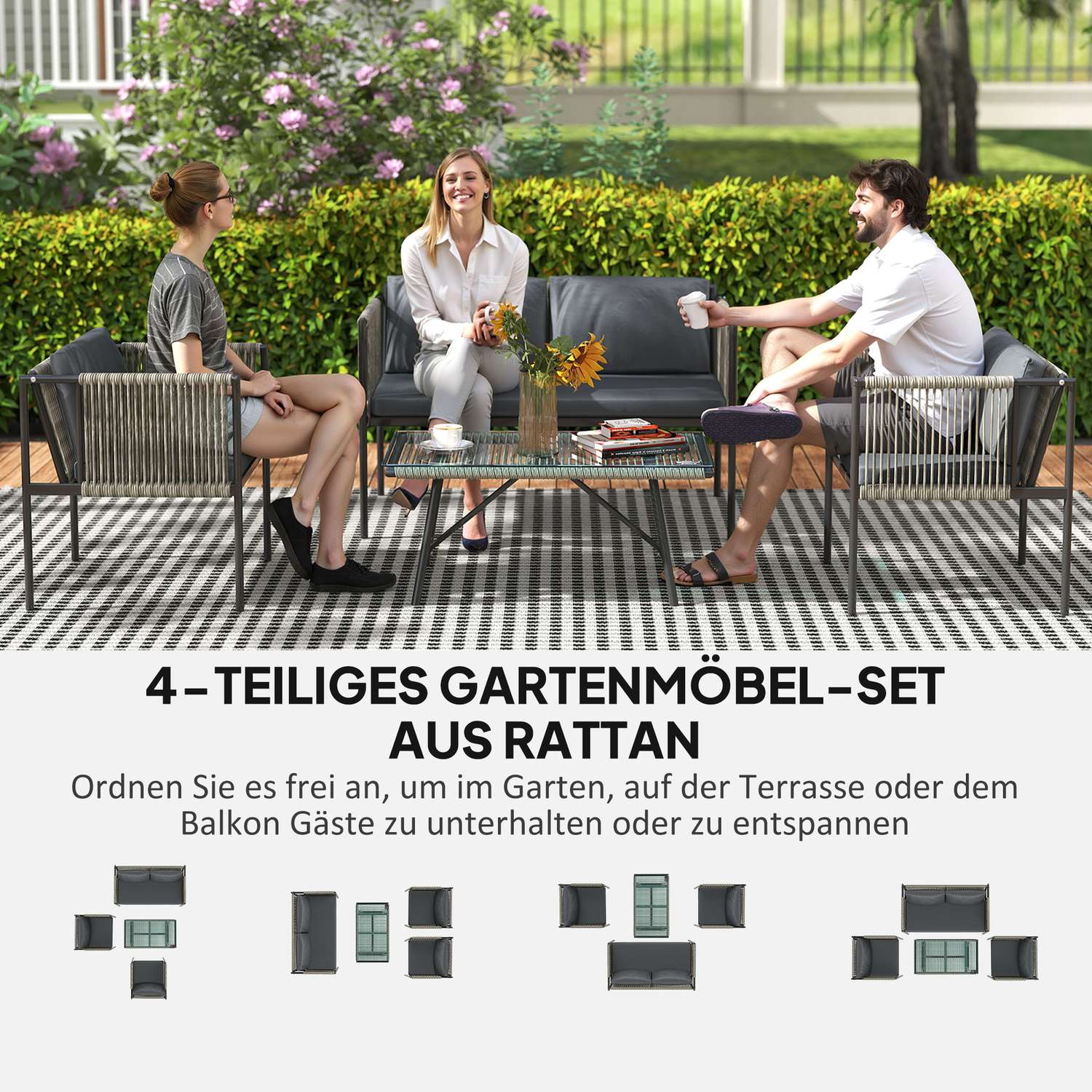 Trädgårdsmöbelset i polyrattan med kuddar – Grå