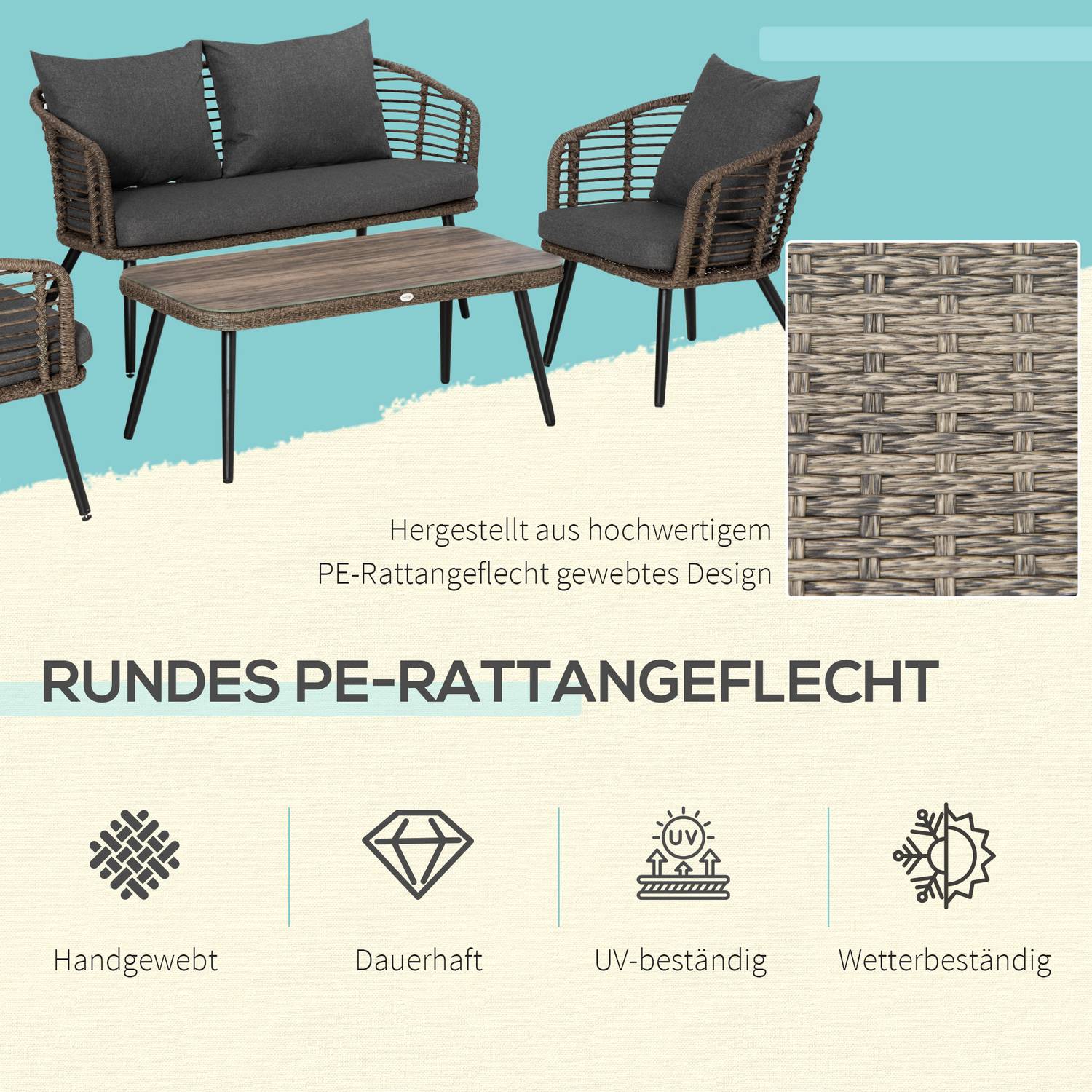 Trädgårdsmöbler i polyrattan med kuddar för 4 – Brun/Grå