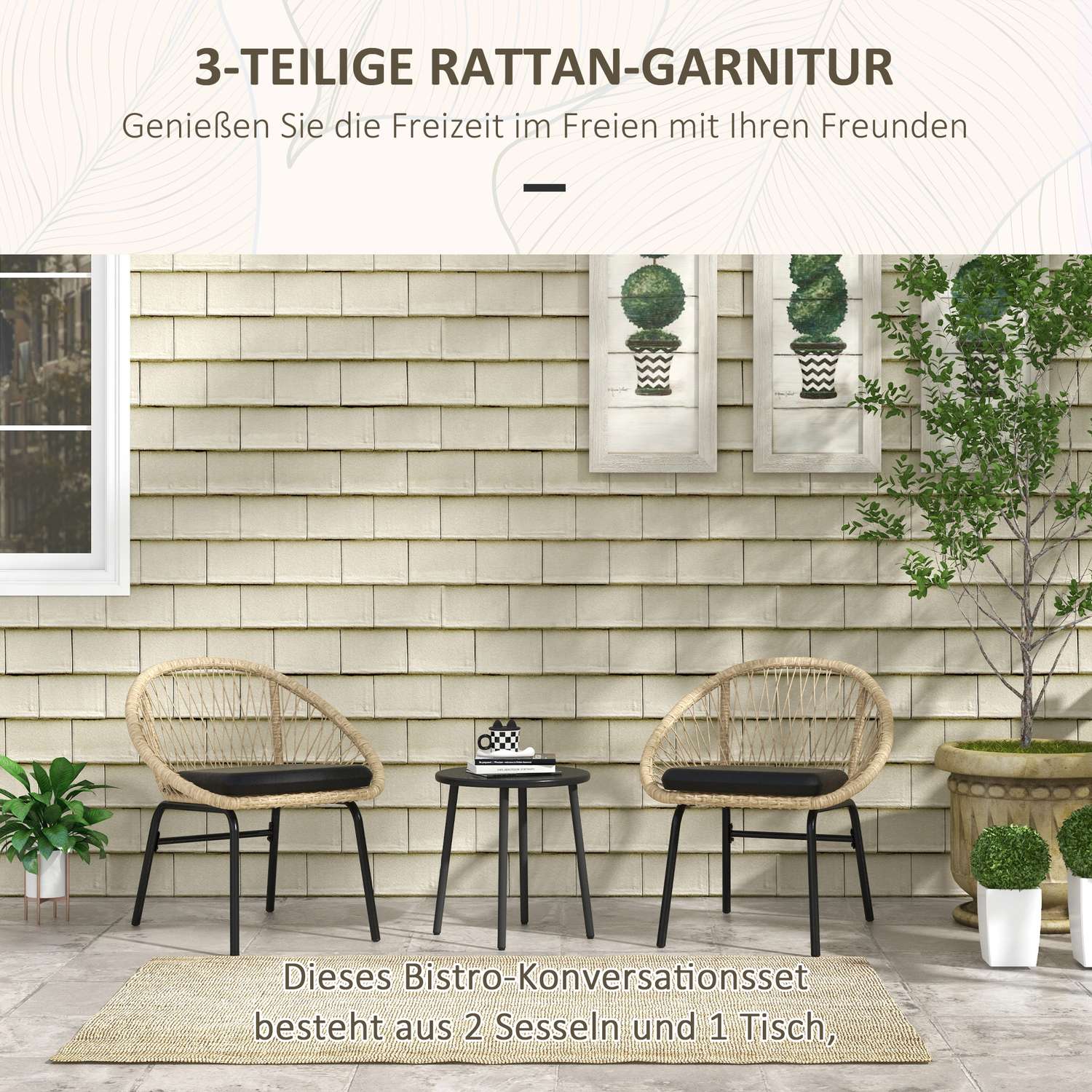 Trädgårdsmöbler i rotting – 3 st, gula kuddar