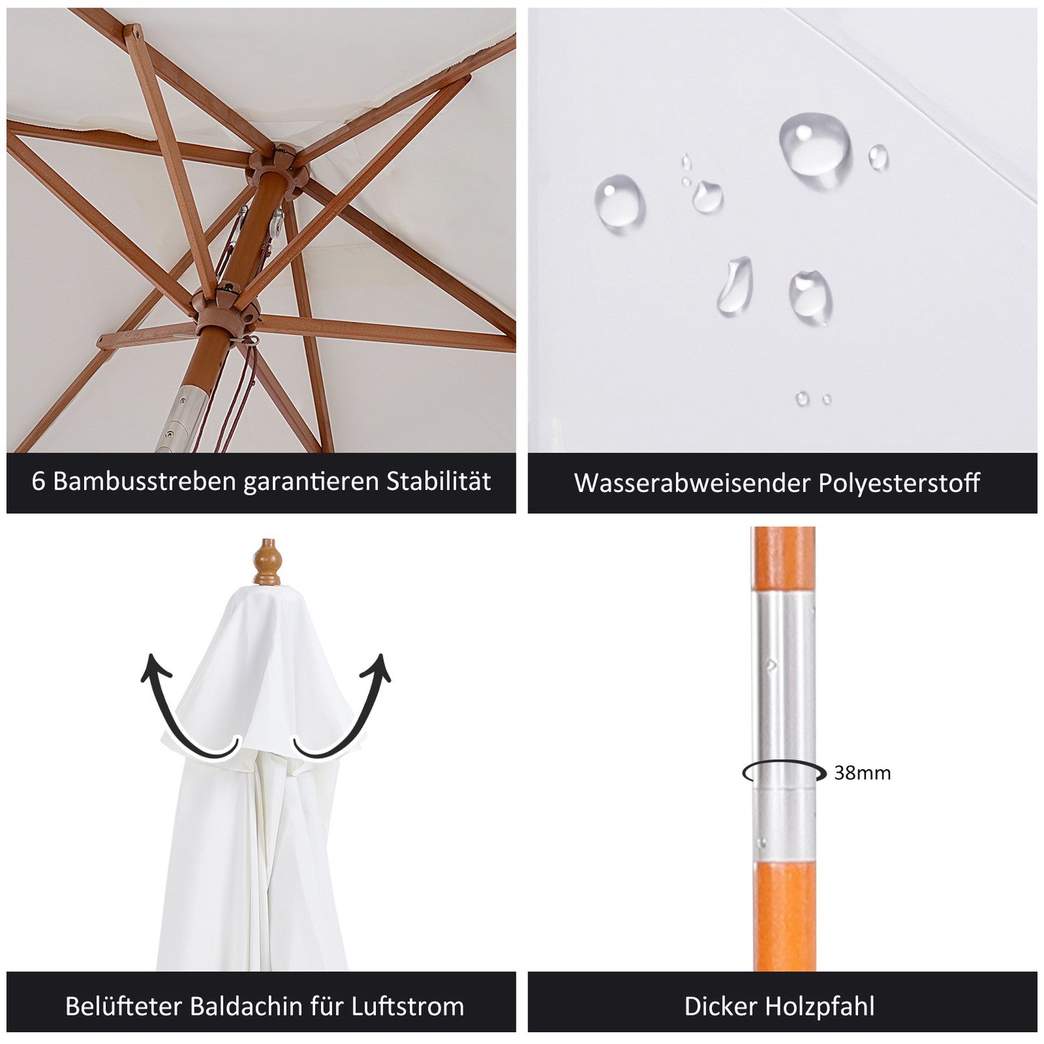 Trädgårdsparasoll, Bambu & Polyester, Ø2,5 x 2,3 m, Vit