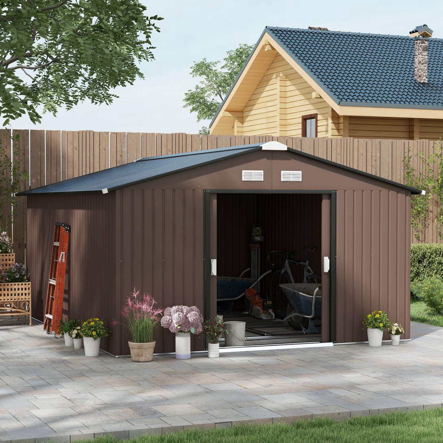 Trädgårdsredskapsbod, 12,4 m², stål, väderbeständig, brun