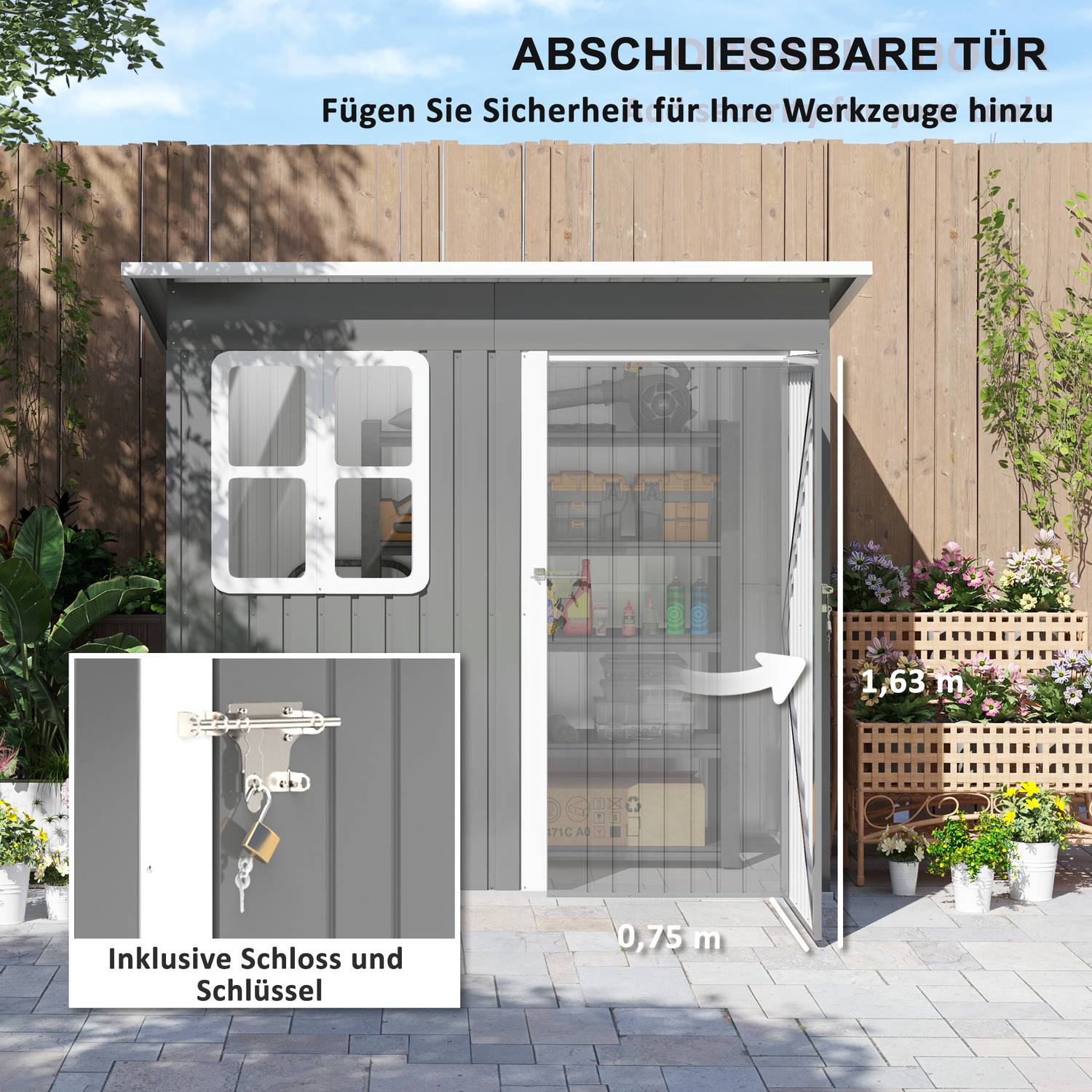 Trädgårdsredskapsskjul i stål med tak, låsbar dörr, 2,55 m²