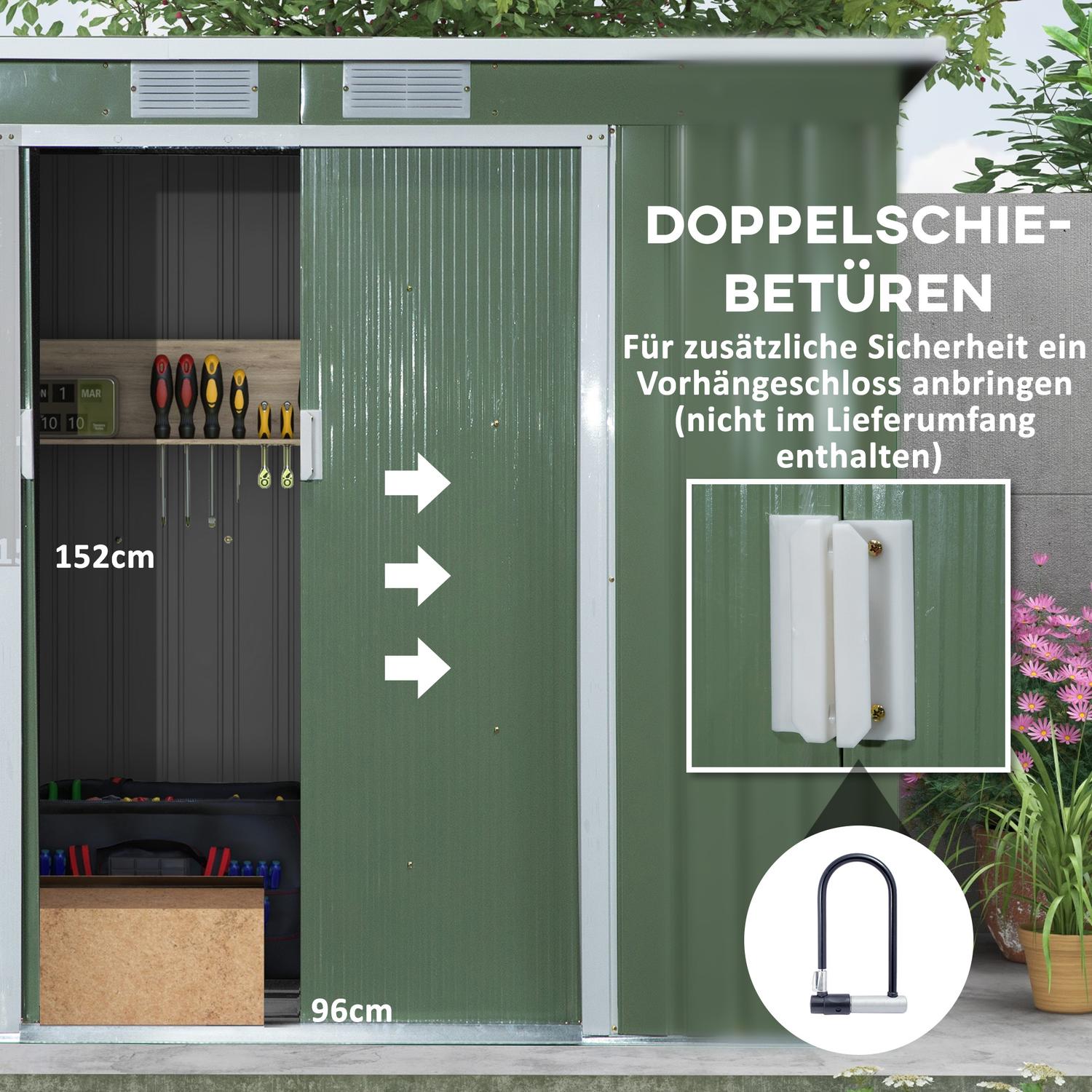 Trädgårdsskjul i grönt stål – väderbeständig med ventilation och dörr