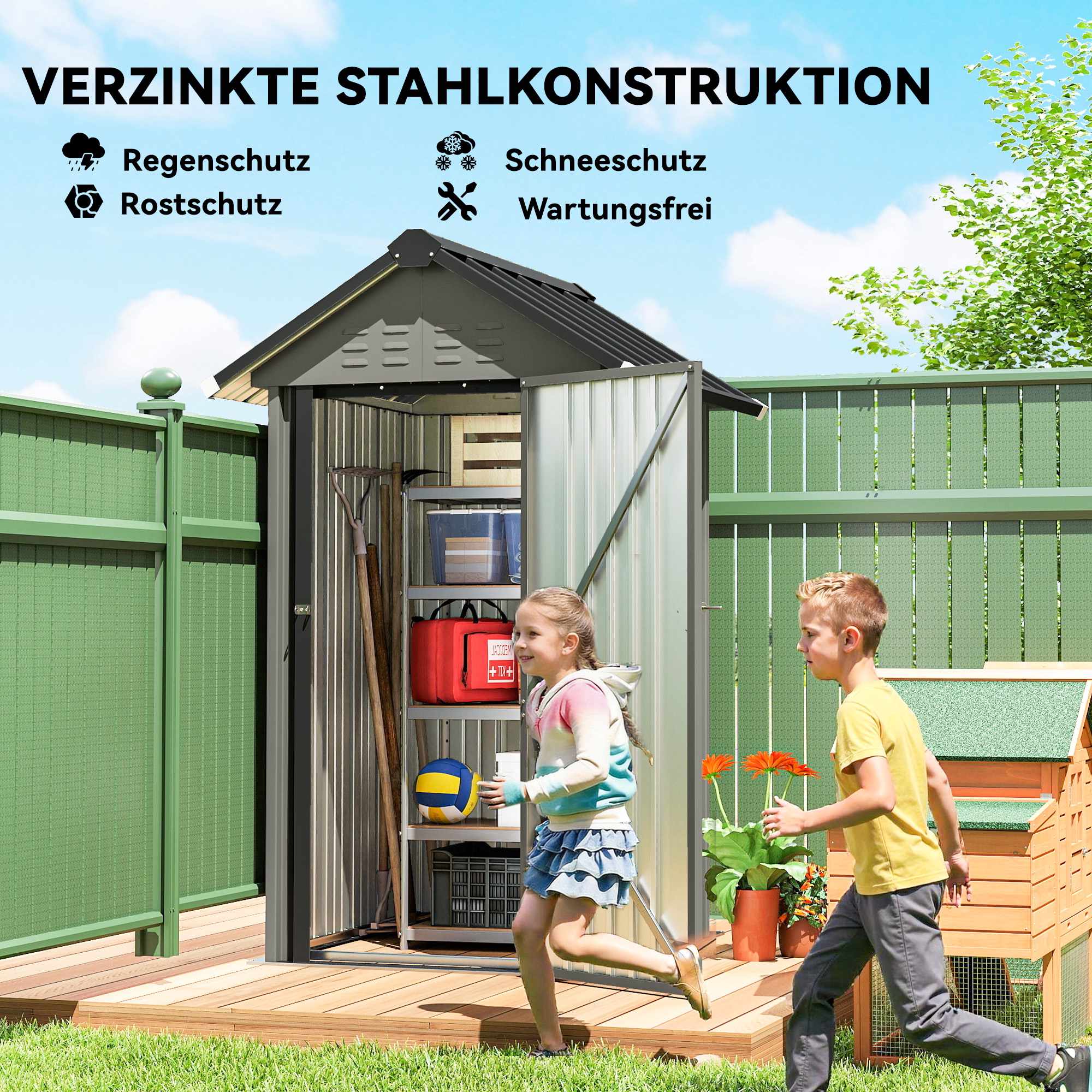 Trädgårdsskjul i metall med ventilation, lås, handskar, 1,17 m²