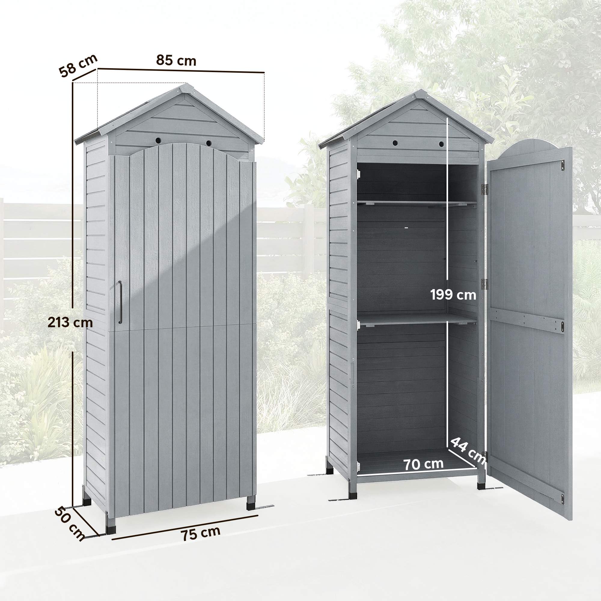 Trädgårdsskjul med justerbara hyllor, ventilation