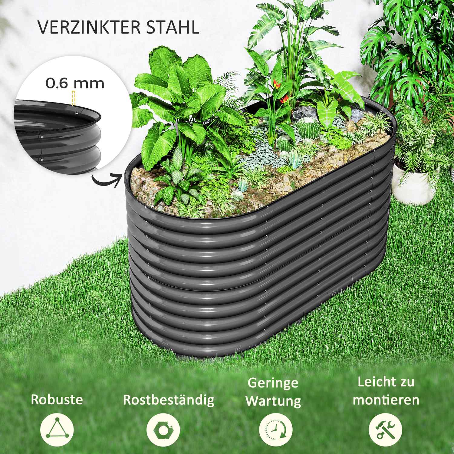 Trädgårdssäng i stål – 160x80x80 cm, stapelbar plantering