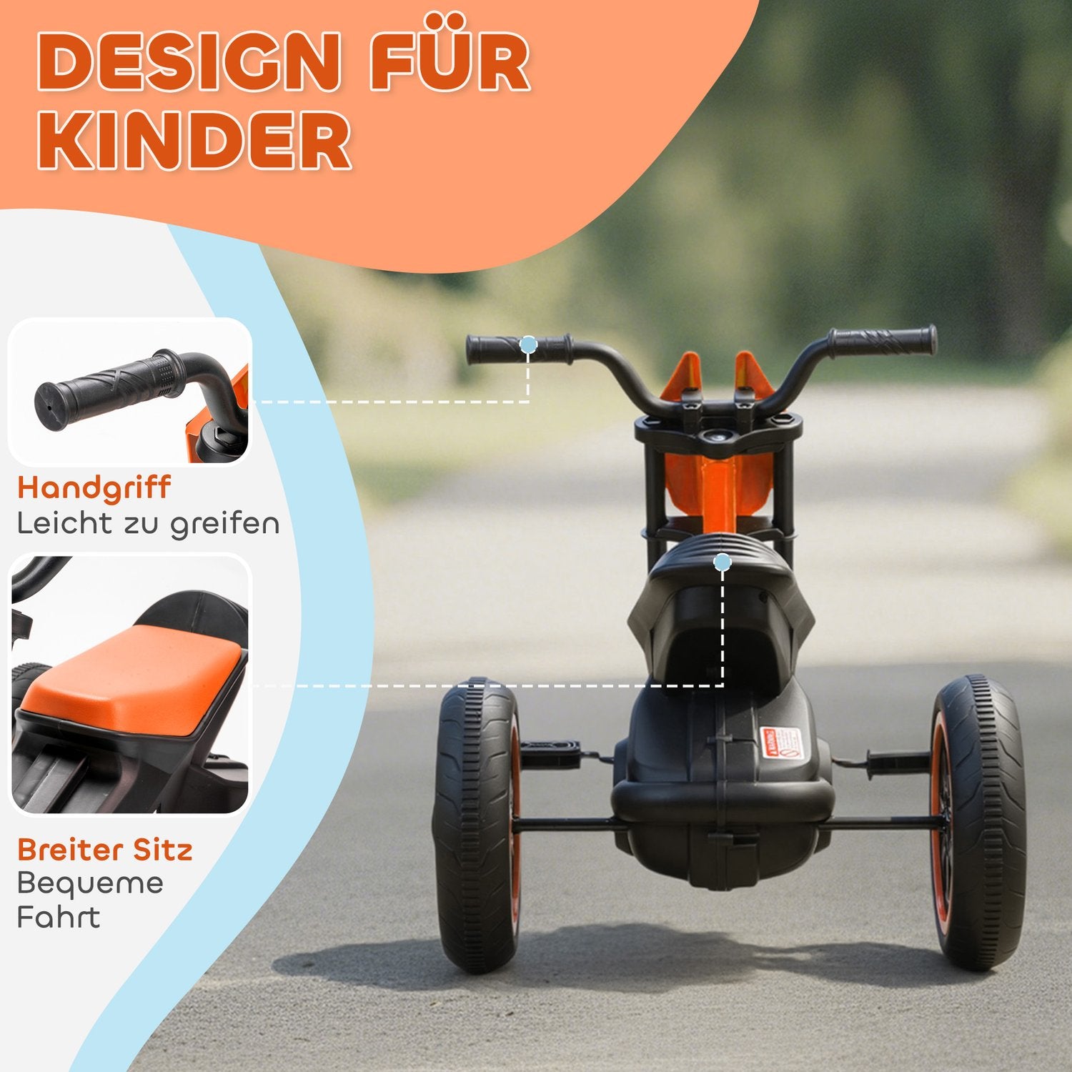 Trehjuling för småbarn med pedaler, stålram, orange, 18-36 månader