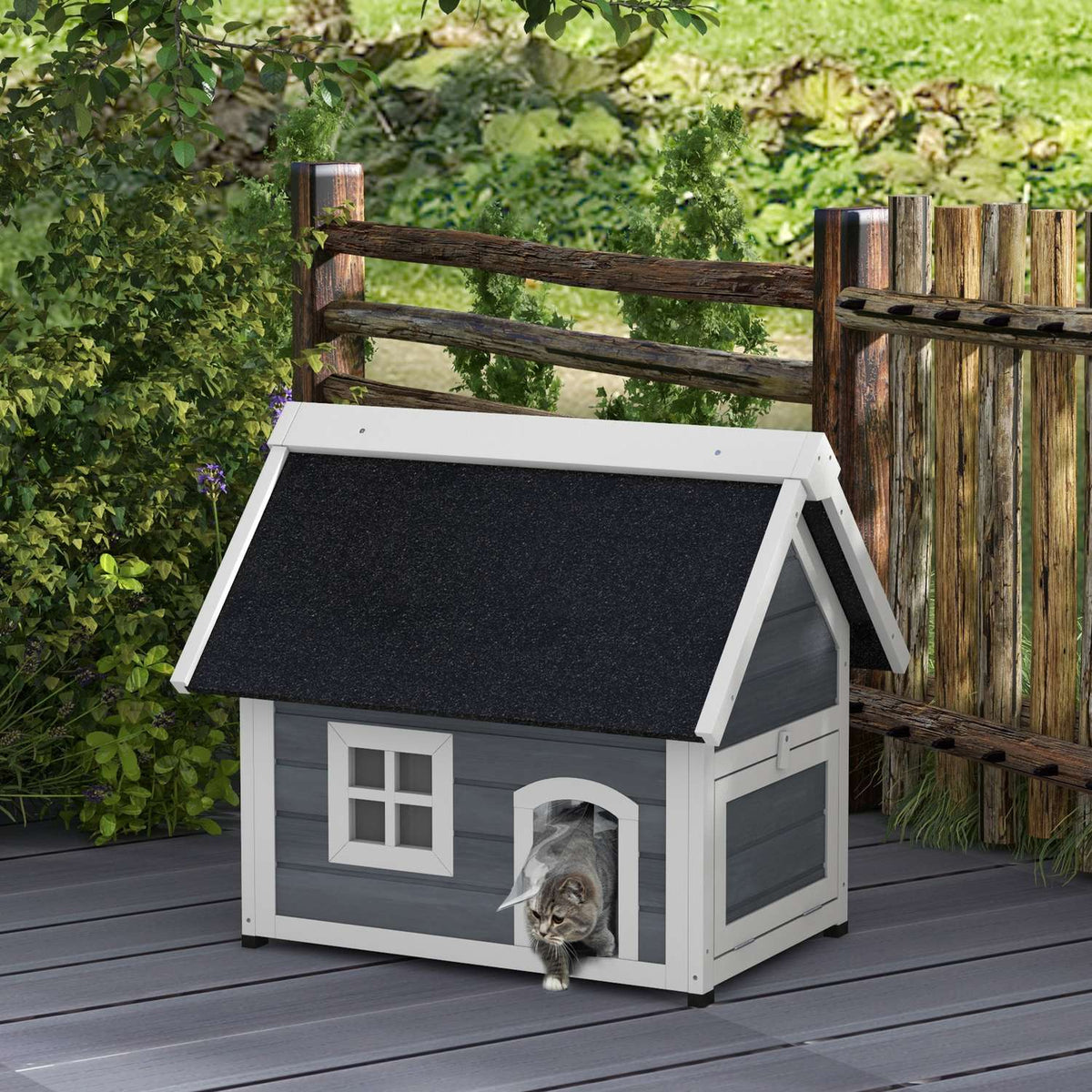 Maison à chat en bois, résistant aux intempéries, toit à charnières, gris