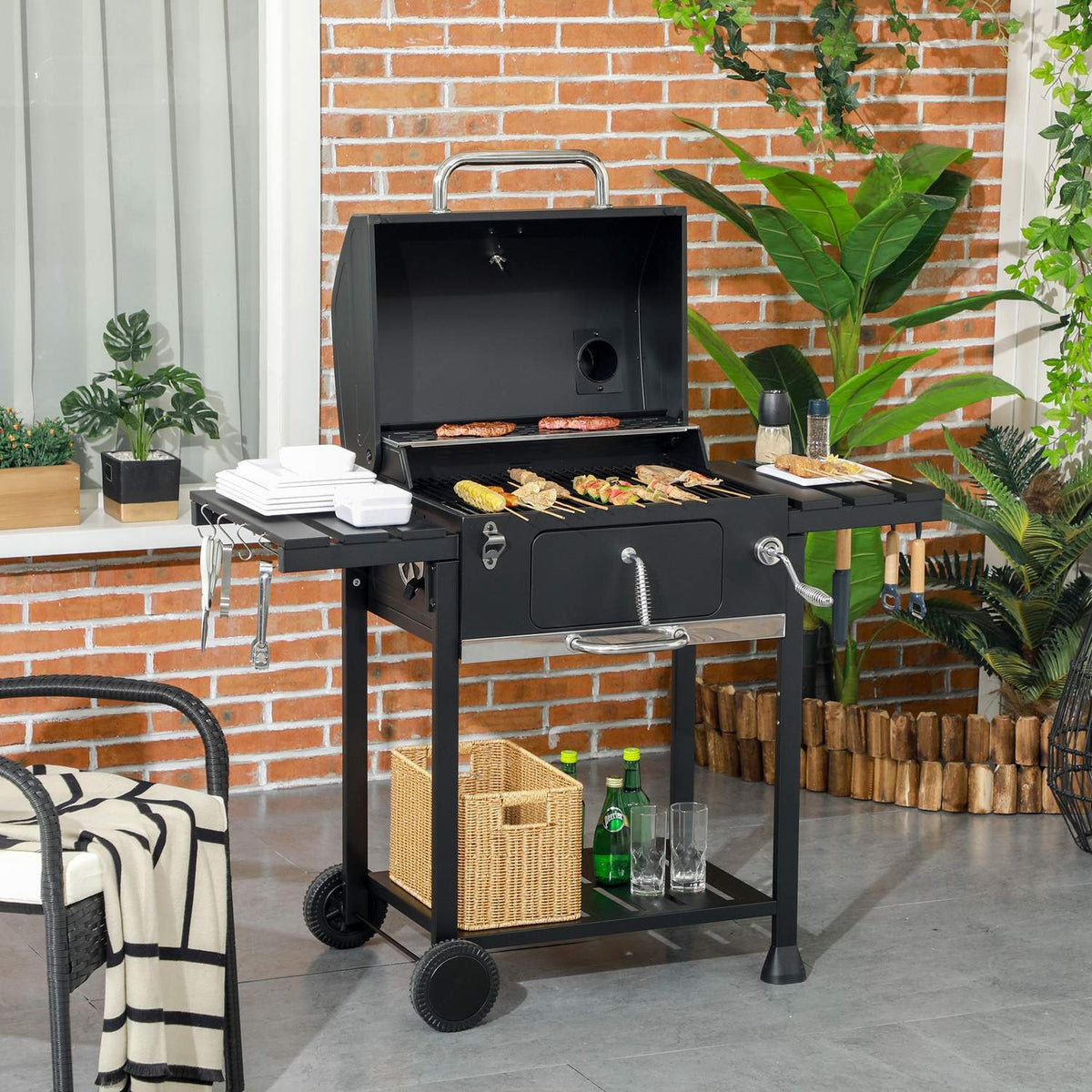 Barbecue camping à charbon, double support & étagère pliante