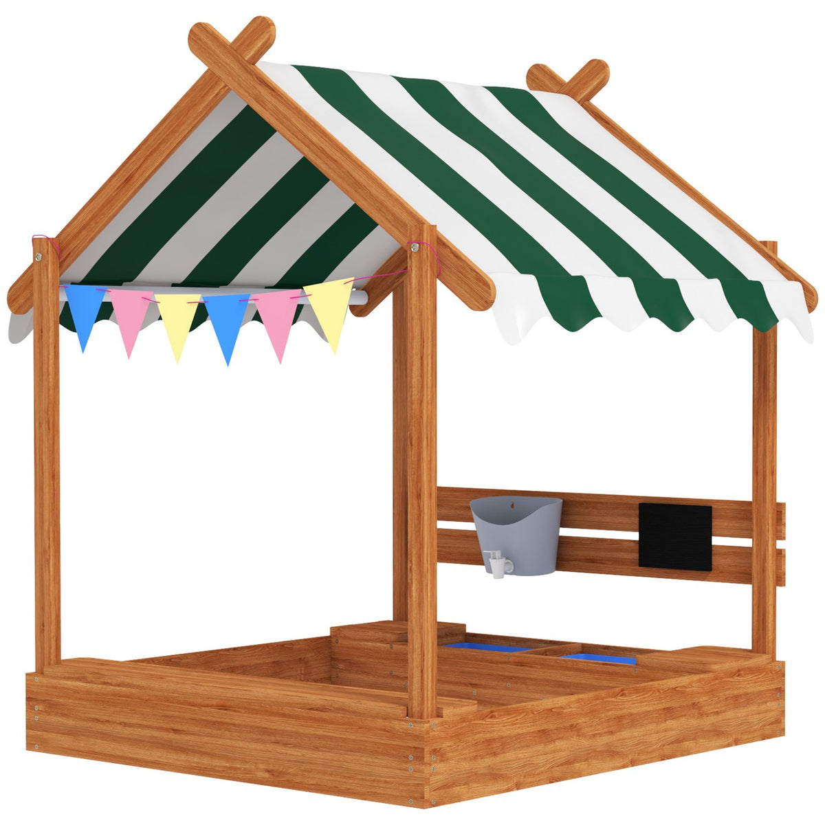 Bac à sable en bois avec assise et toit, 124x116x146 cm pour enfant