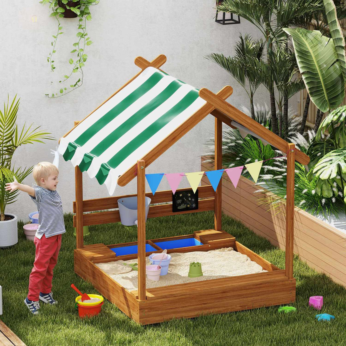 Bac à sable en bois avec assise et toit, 124x116x146 cm pour enfant