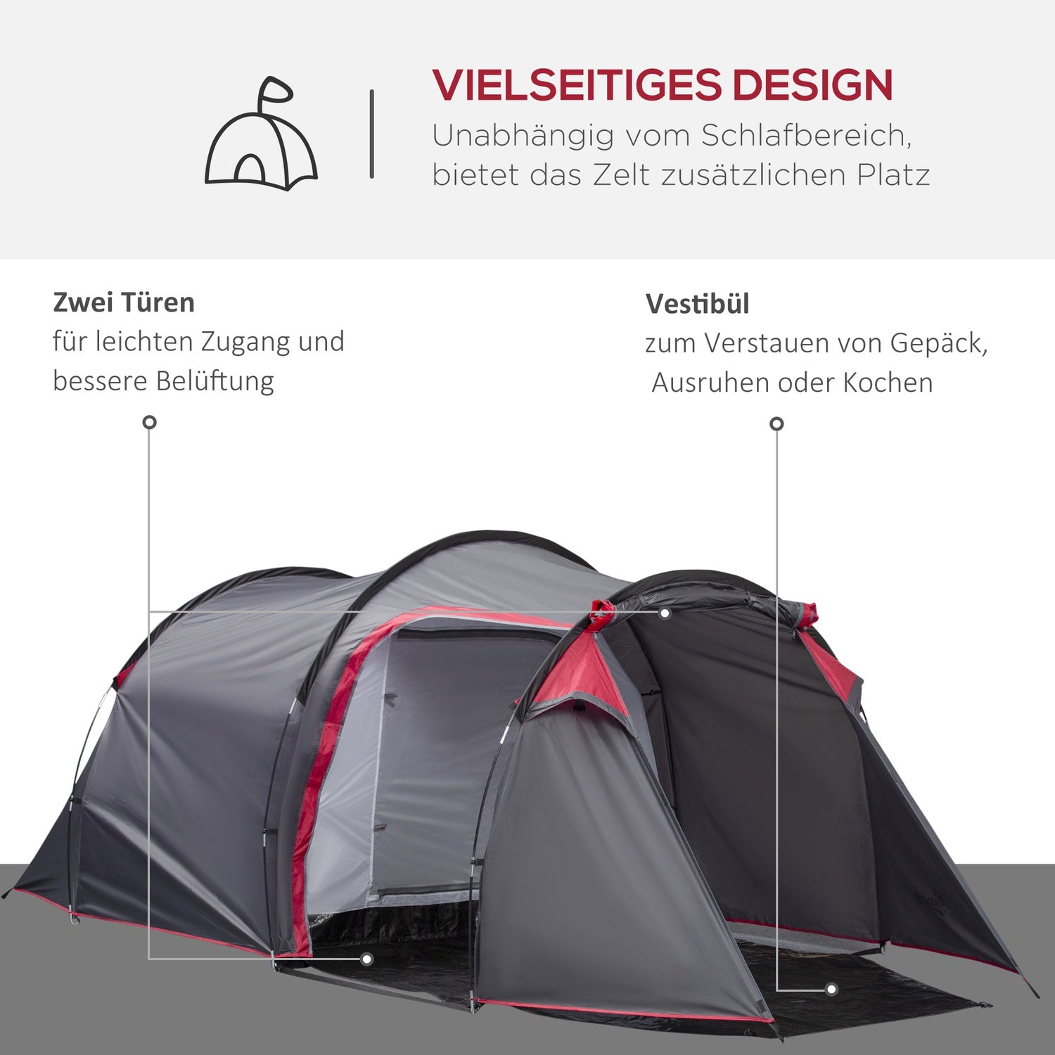 Tunnelcampingtält för 2-3 personer, glasfiber, grått