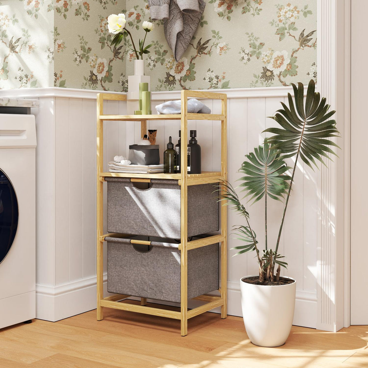 Panier à linge en bambou avec 2 paniers en tissu, 35,4 L, naturel