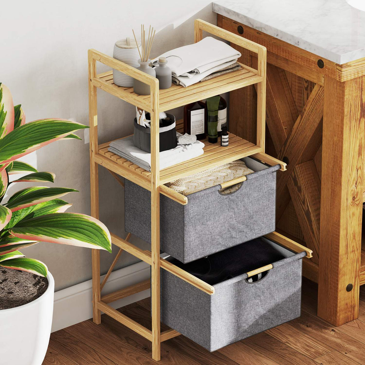 Panier à linge en bambou avec 2 paniers en tissu, 35,4 L, naturel