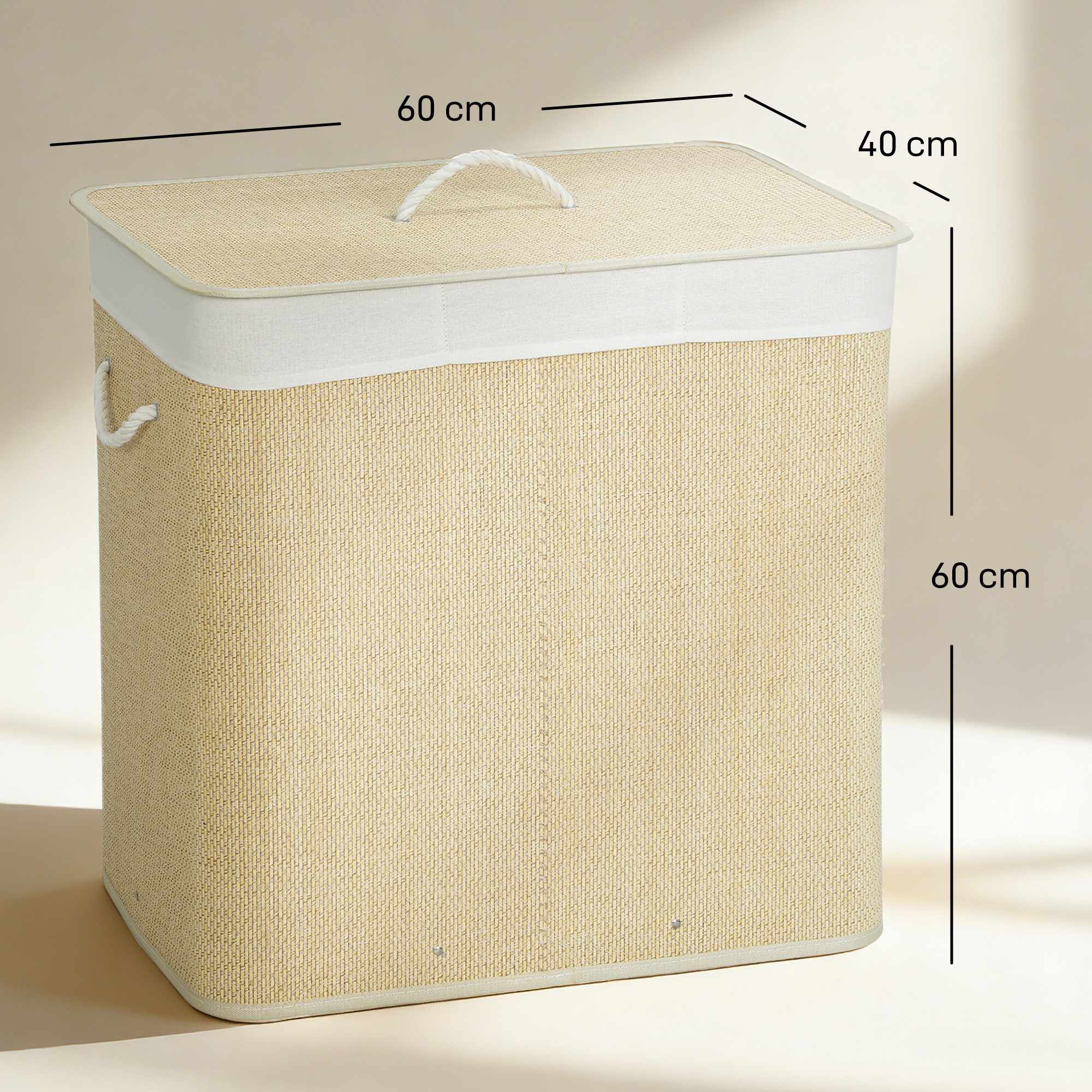 Tvättkorg i bambu med lock, 3-fack 144 liter