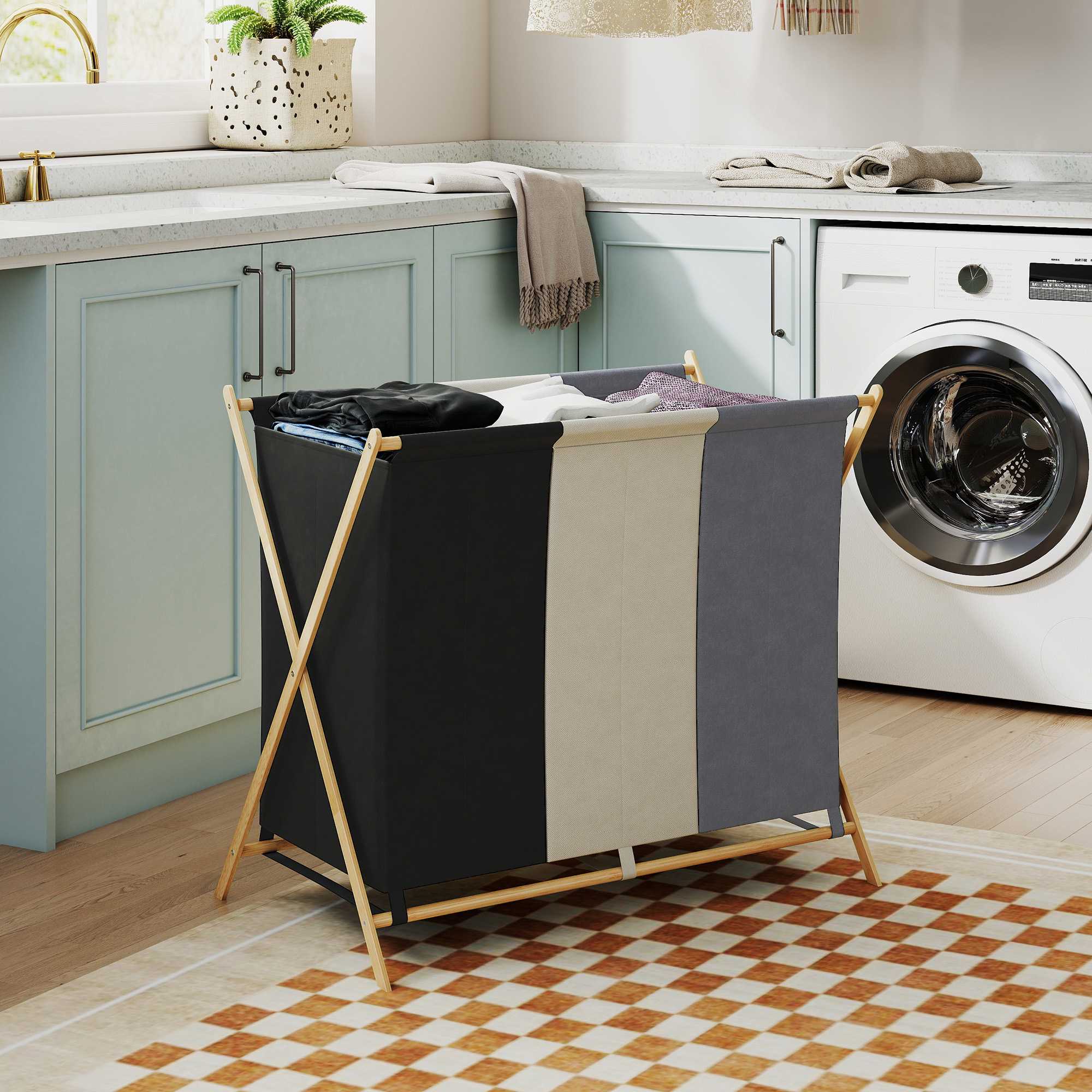 Tvättkorg med 3 fack, 129 liter, hopfällbar, bamburam